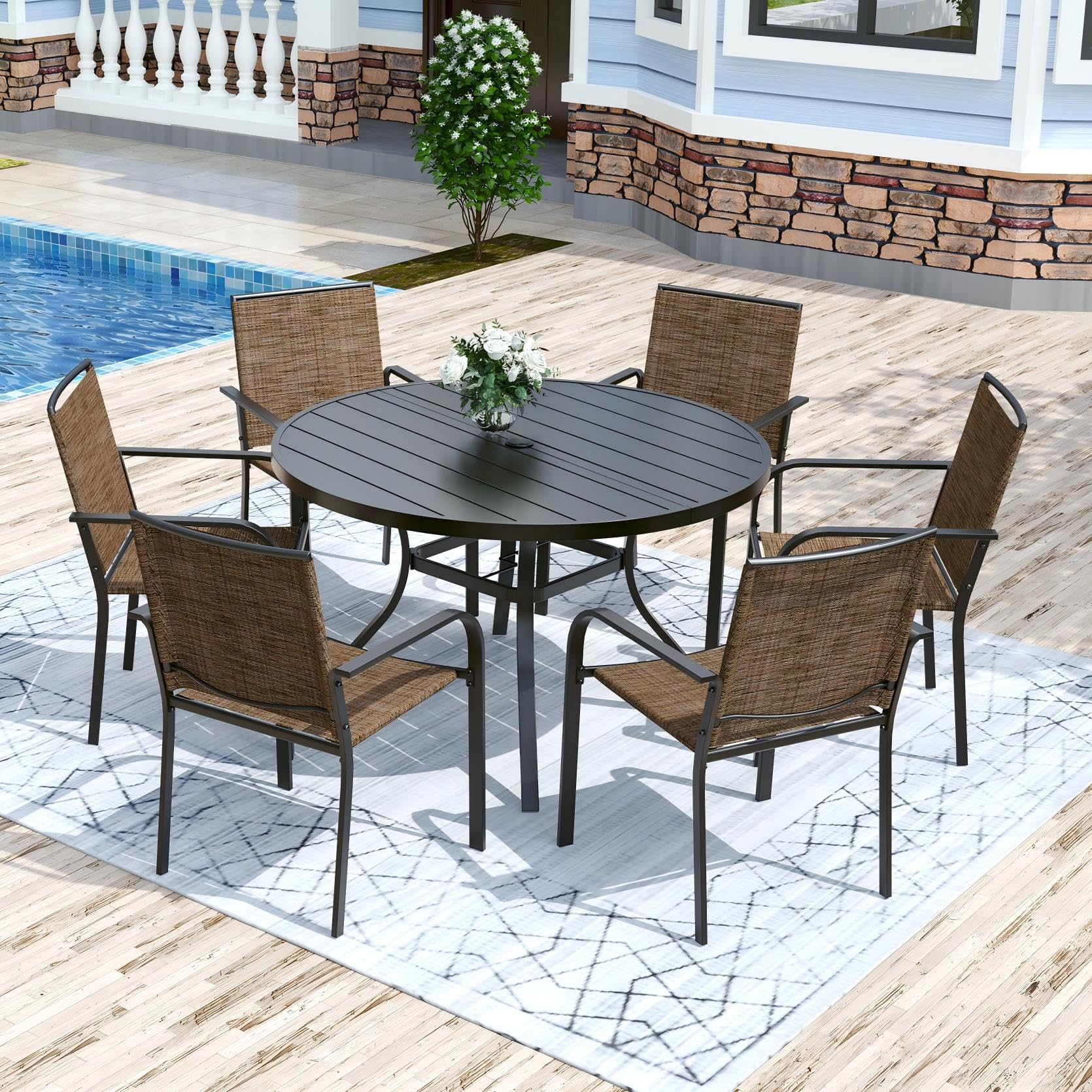 Anmutig 3-Piece Outdoor Dining Set, Small Metal Bistro Table with 2 Stackable Patio Chairs, 27.5 x 27.5 Inch Round Table, Brown Fabric