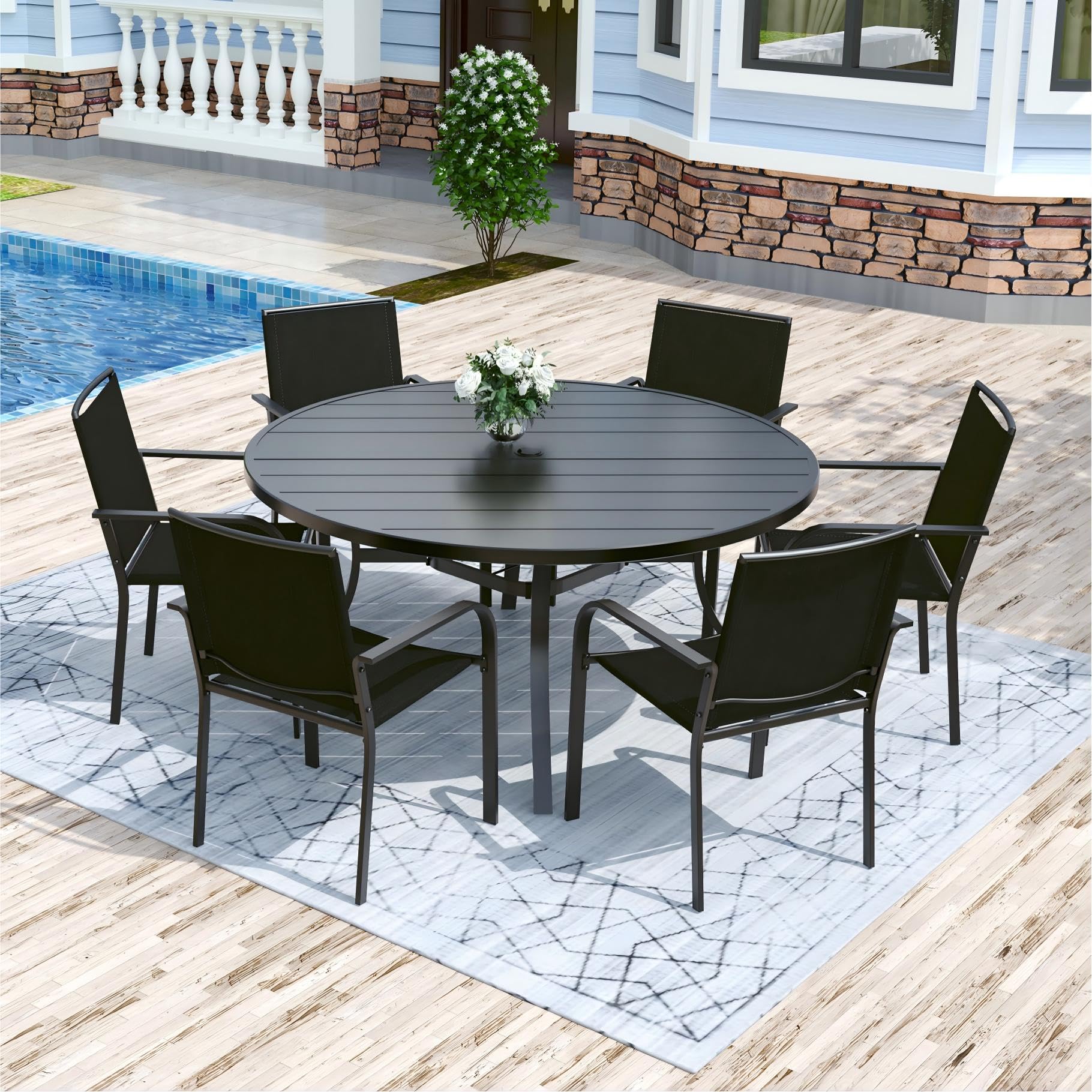 Anmutig 3-Piece Outdoor Dining Set, Small Metal Bistro Table with 2 Stackable Patio Chairs, 27.5 x 27.5 Inch Round Table, Brown Fabric