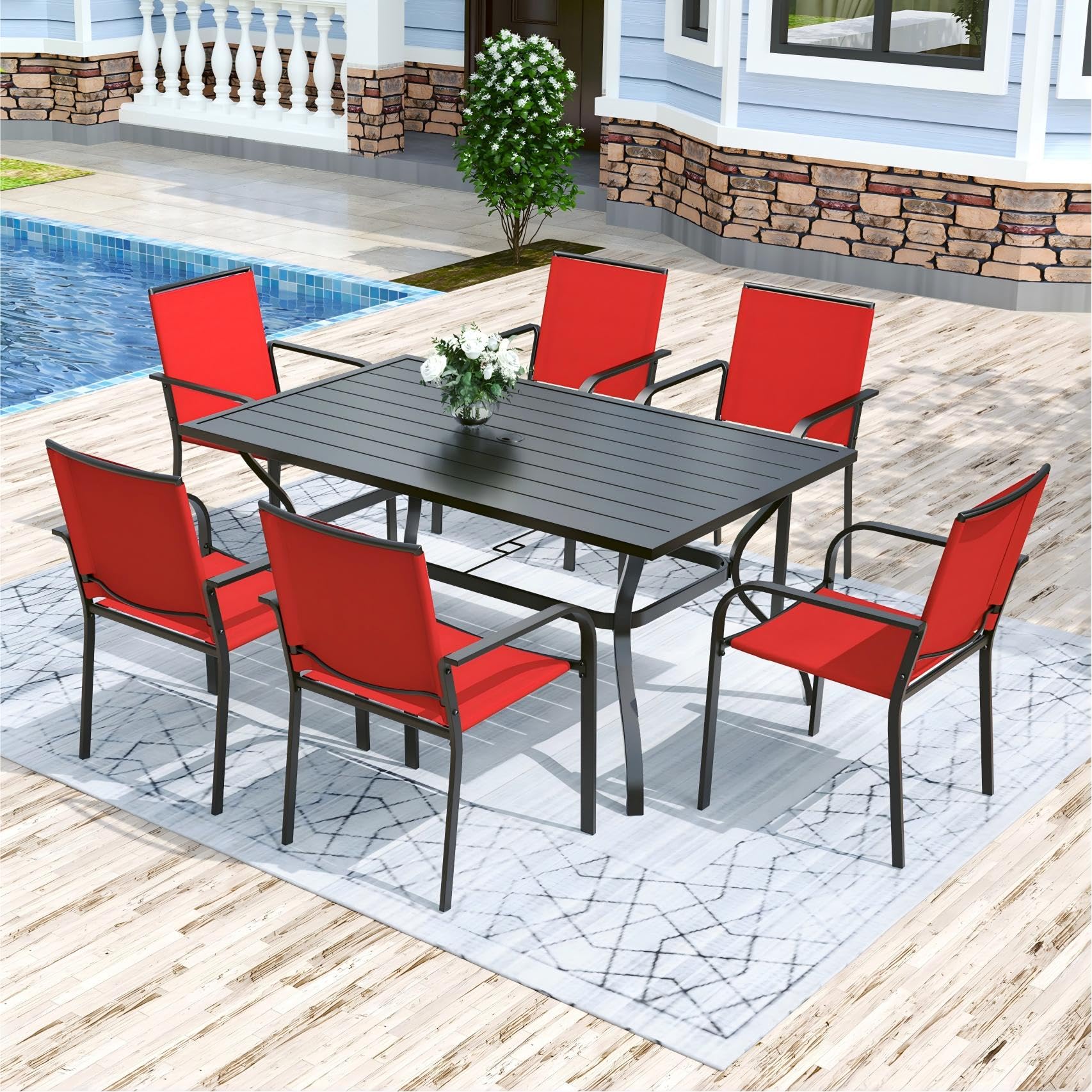 Anmutig 3-Piece Outdoor Dining Set, Small Metal Bistro Table with 2 Stackable Patio Chairs, 27.5 x 27.5 Inch Round Table, Brown Fabric