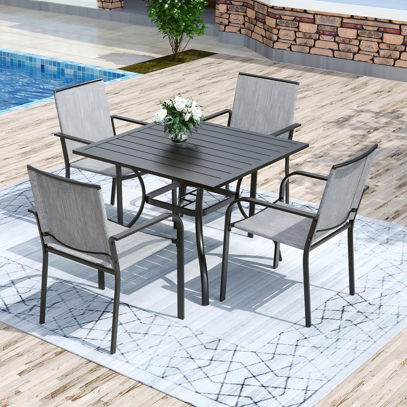 Anmutig 3-Piece Outdoor Dining Set, Small Metal Bistro Table with 2 Stackable Patio Chairs, 27.5 x 27.5 Inch Round Table, Brown Fabric