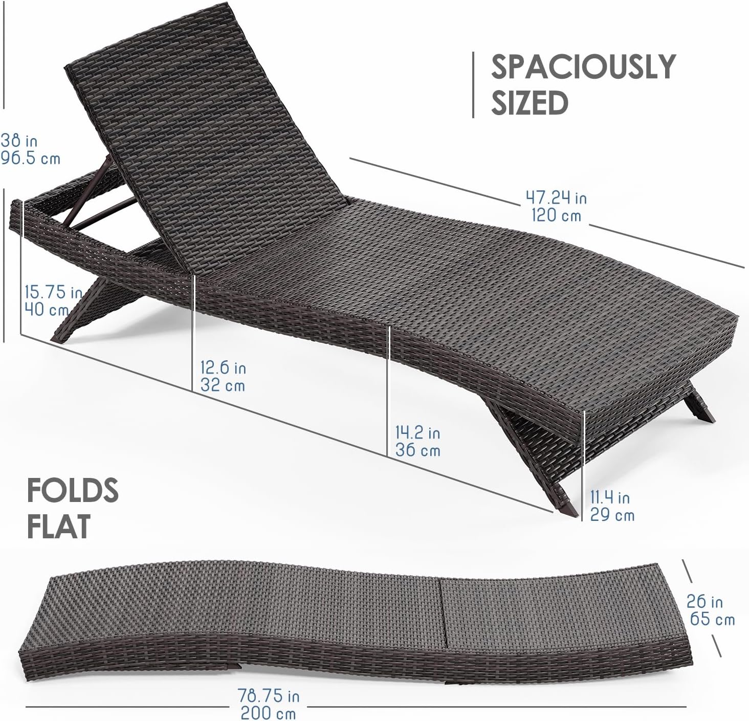 Nestl Chaise Lounge Chair Outdoor Set of 2, Wicker Patio Lounge Chair, Outdoor Lounge Chair with Reclining Backrest