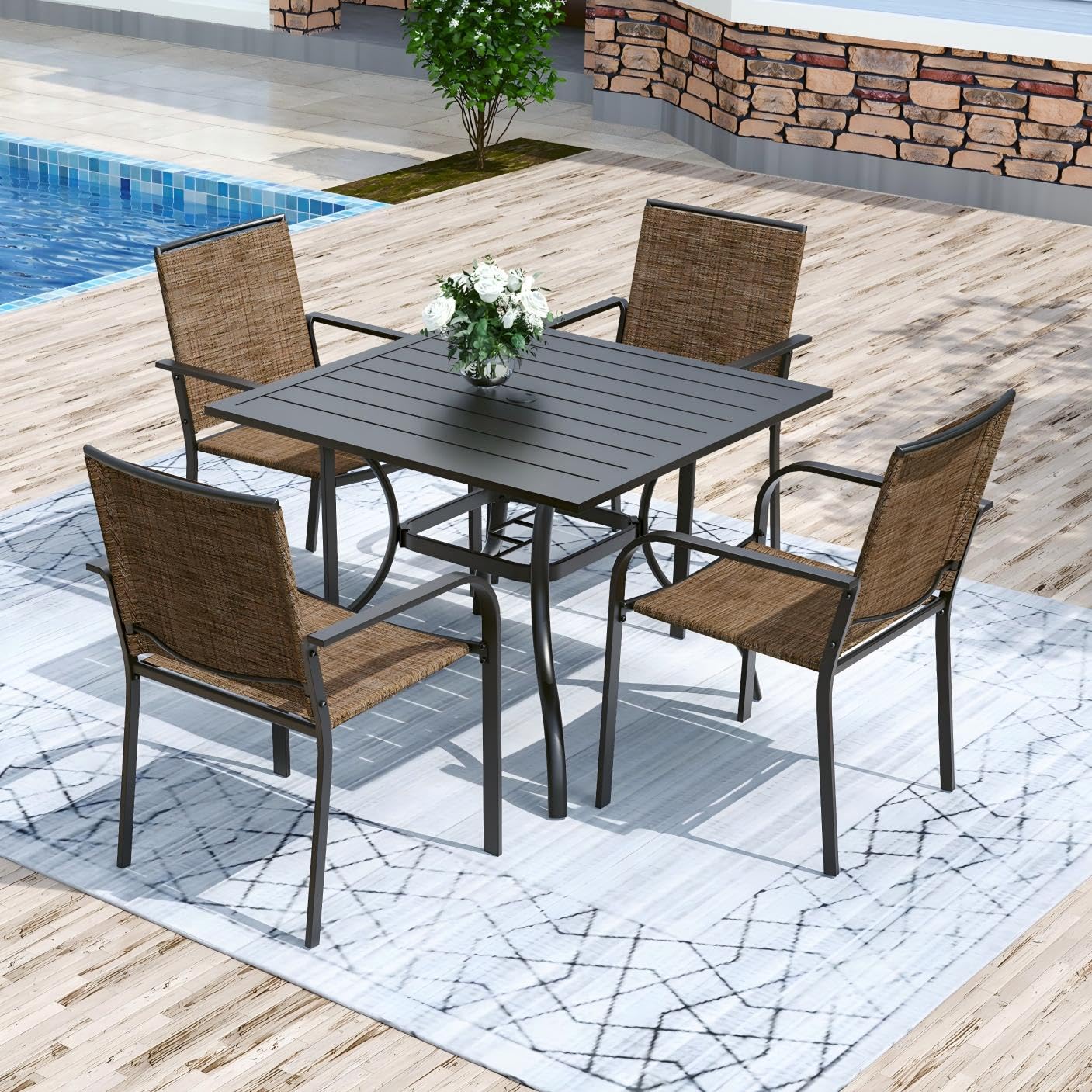 Anmutig 3-Piece Outdoor Dining Set, Small Metal Bistro Table with 2 Stackable Patio Chairs, 27.5 x 27.5 Inch Round Table, Brown Fabric