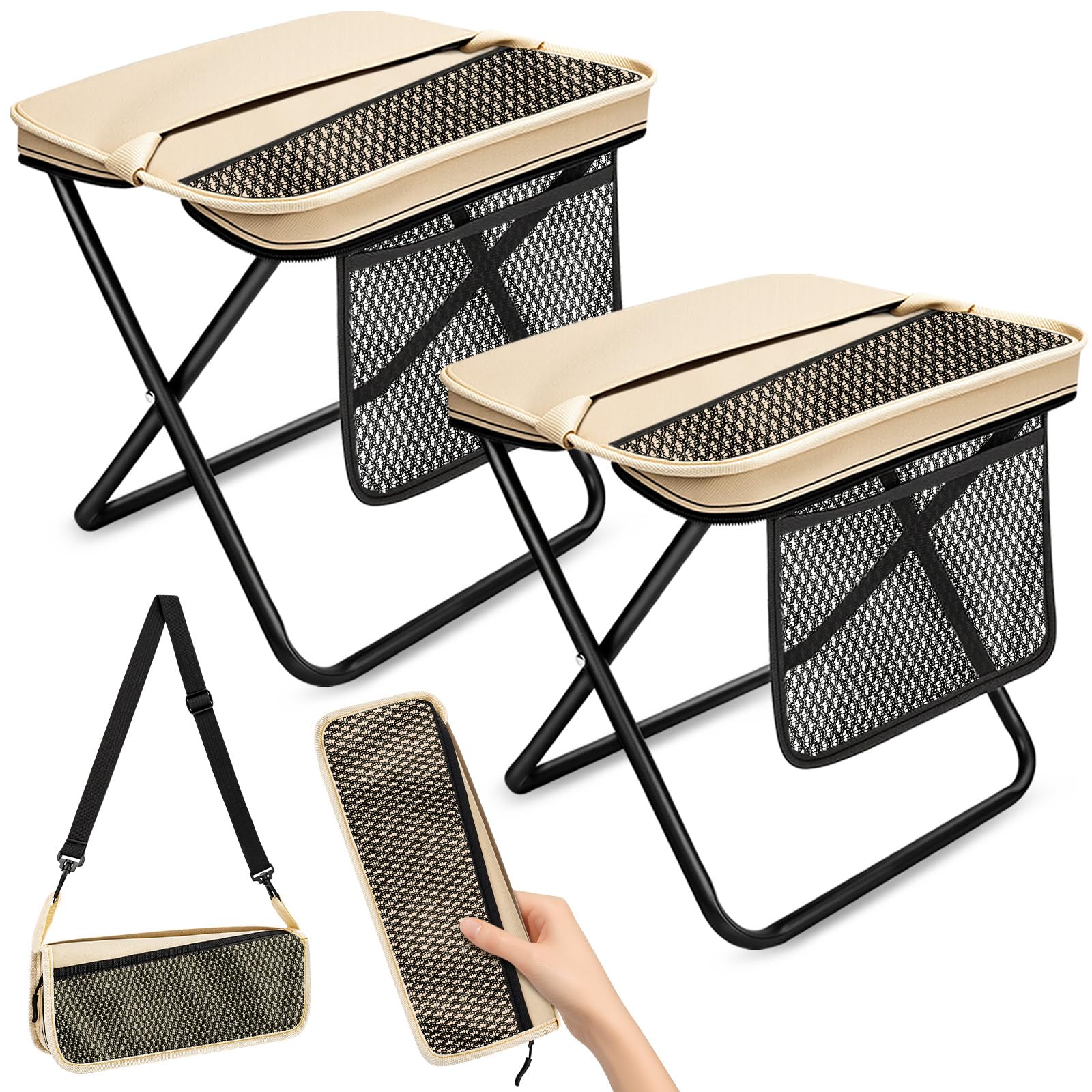2 Pack Portable Folding Stools, Collapsible Pocket Chair, Foldable Camping Stool for Adults Backpack, Outdoor Seats Foot Rest, for Travel Hunting Fishing Hiking Gardening - Large, Khaki