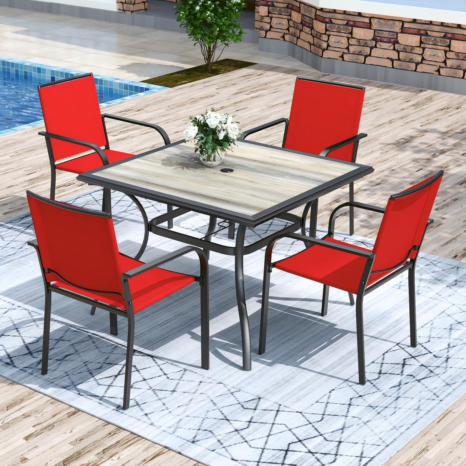 Anmutig 3-Piece Outdoor Dining Set, Small Metal Bistro Table with 2 Stackable Patio Chairs, 27.5 x 27.5 Inch Round Table, Brown Fabric
