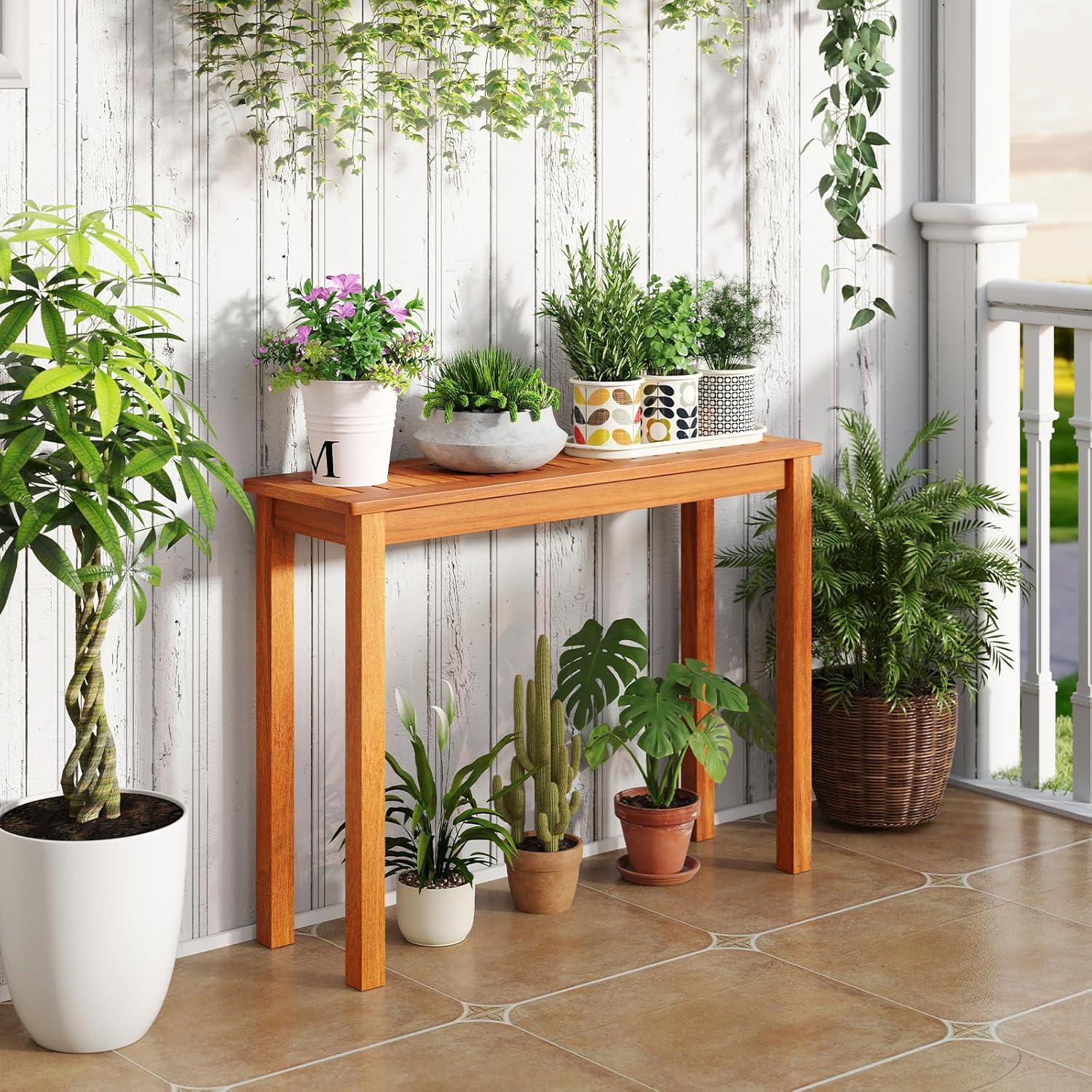 Tangkula Wooden Plant Stand, Outdoor Indoor Solid Wood Flower Pot Holder Display Shelf with Teak Oil Finish, Slatted Top, Rustic Plant Rack for Patio Garden Entryway Porch