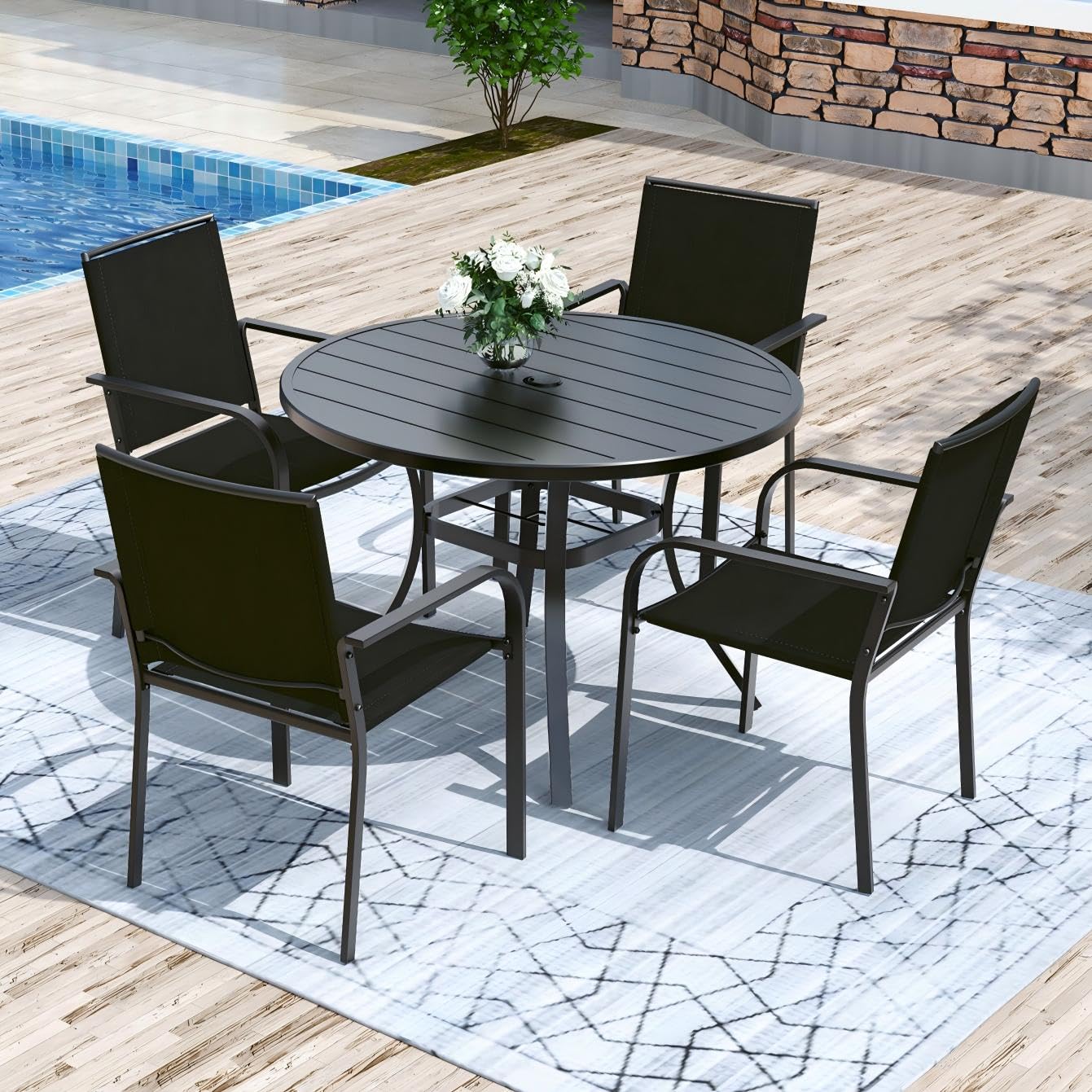 Anmutig 3-Piece Outdoor Dining Set, Small Metal Bistro Table with 2 Stackable Patio Chairs, 27.5 x 27.5 Inch Round Table, Brown Fabric