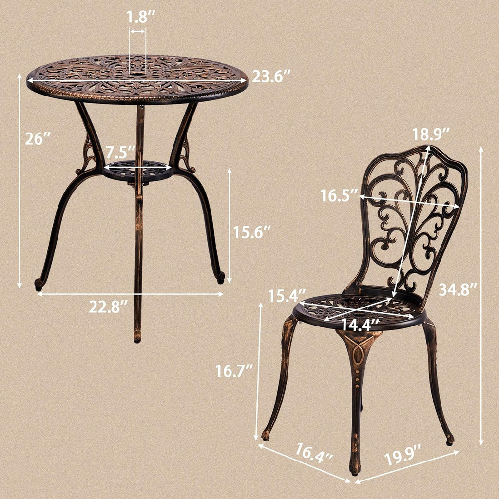 Outvita Patio Table and Chairs Set, Cast Aluminum Outdoor Cafe Table and Chairs Set of 3, Stability Patio Bistro Sets with Umbrella Hole for Garden, Patio, Balcony, Butterfly Pattern Bronze