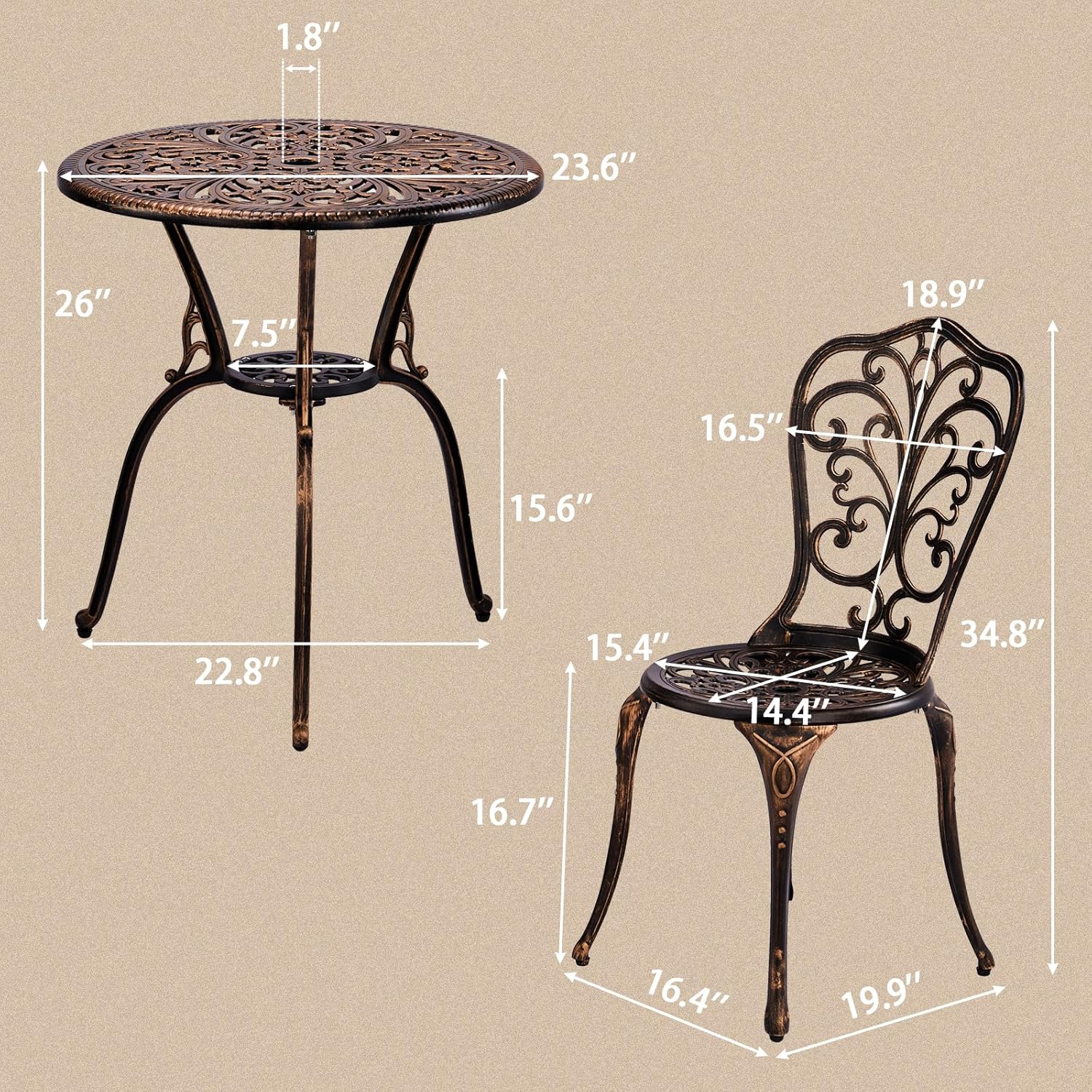 Outvita Patio Table and Chairs Set, Cast Aluminum Outdoor Cafe Table and Chairs Set of 3, Stability Patio Bistro Sets with Umbrella Hole for Garden, Patio, Balcony, Butterfly Pattern Bronze