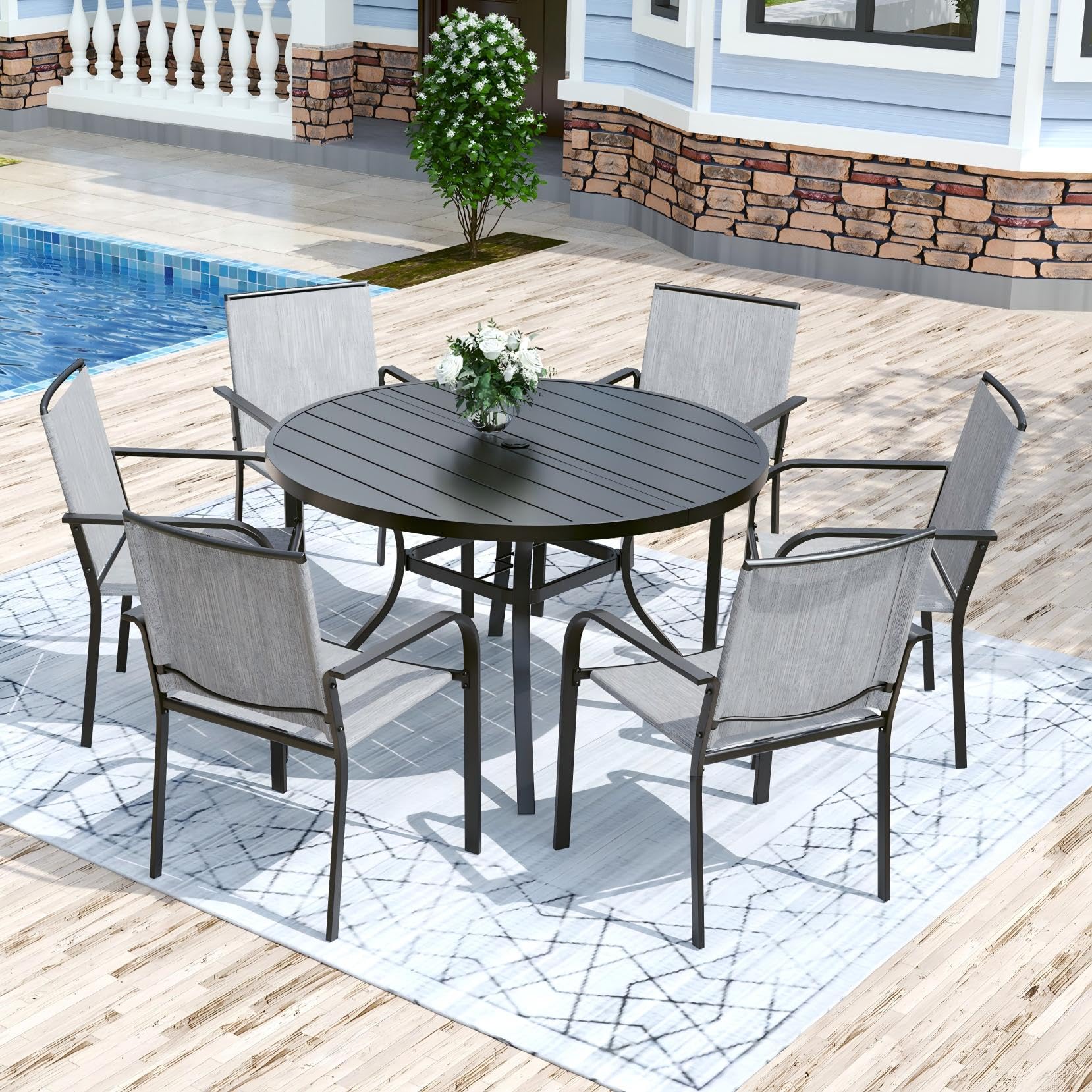 Anmutig 3-Piece Outdoor Dining Set, Small Metal Bistro Table with 2 Stackable Patio Chairs, 27.5 x 27.5 Inch Round Table, Brown Fabric