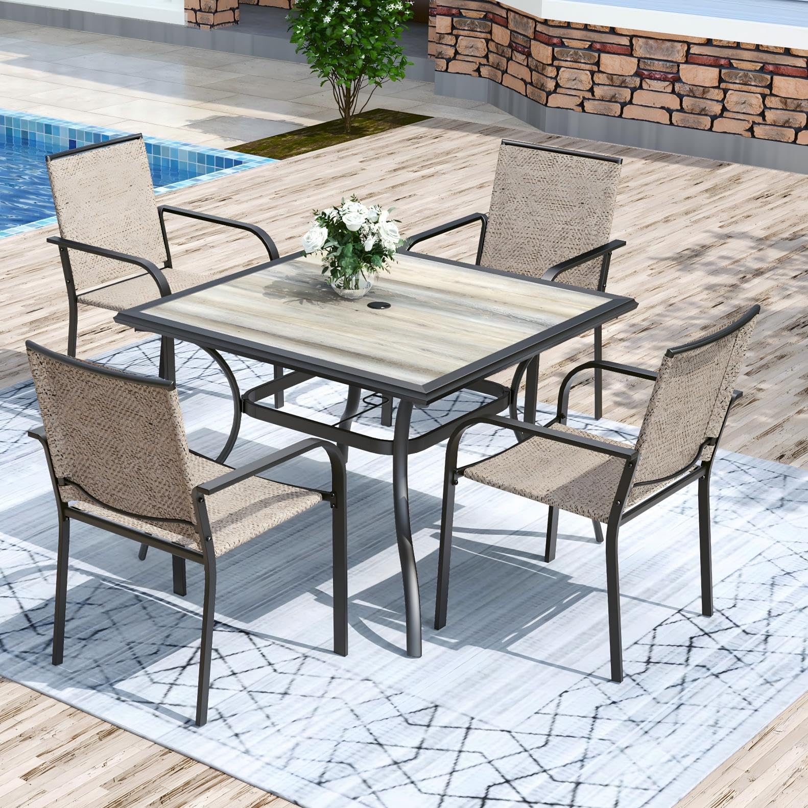 Anmutig 3-Piece Outdoor Dining Set, Small Metal Bistro Table with 2 Stackable Patio Chairs, 27.5 x 27.5 Inch Round Table, Brown Fabric