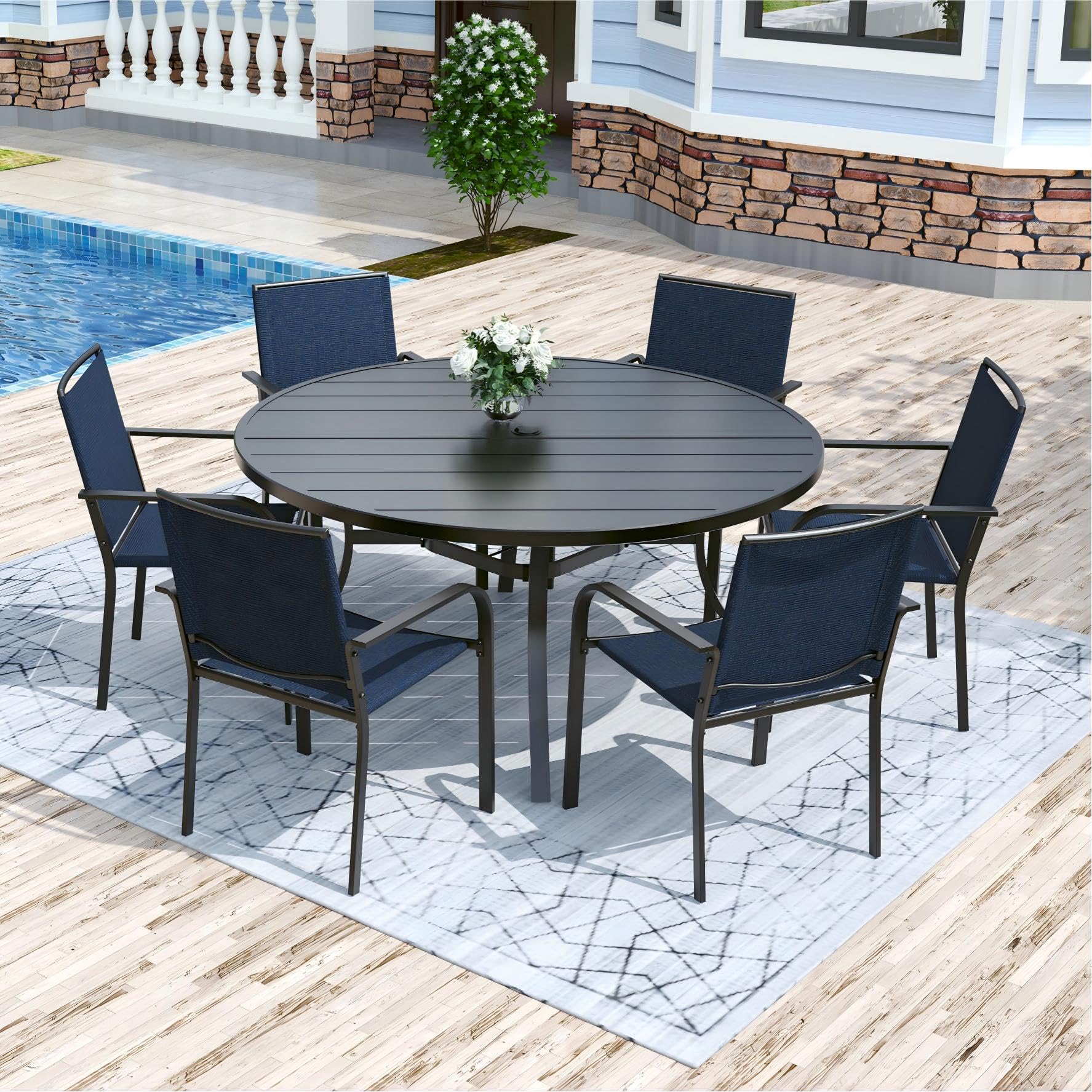 Anmutig 3-Piece Outdoor Dining Set, Small Metal Bistro Table with 2 Stackable Patio Chairs, 27.5 x 27.5 Inch Round Table, Brown Fabric
