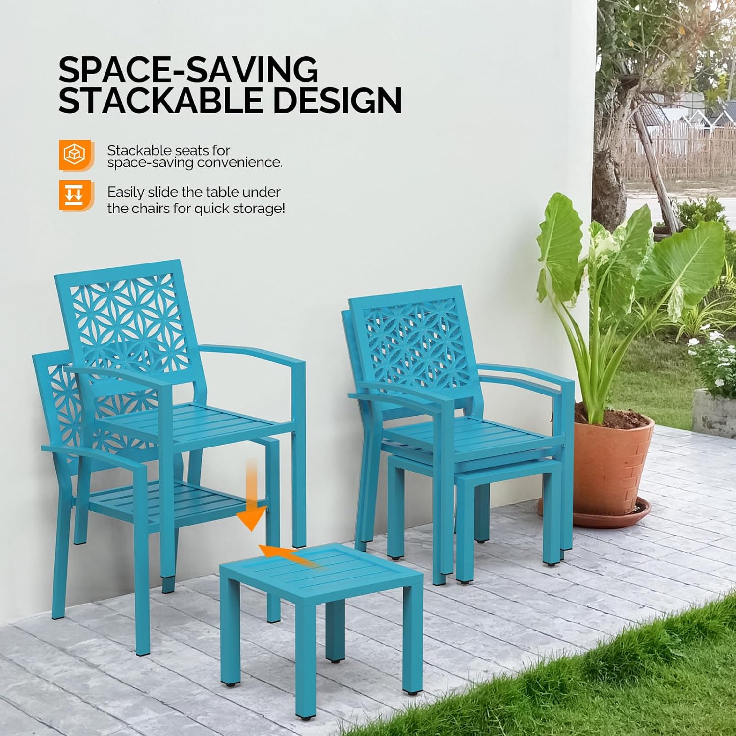 VINGLI 3-Piece Outdoor Bistro Set, Stackable Modern Metal Steel Table and Chairs with Rust-Resistant Coating, Small Patio Furniture Conversation Set for Porch, Deck, Balcony, Garden, Blue