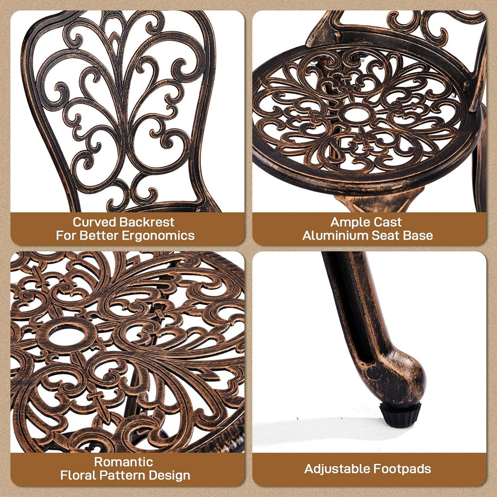 Outvita Patio Table and Chairs Set, Cast Aluminum Outdoor Cafe Table and Chairs Set of 3, Stability Patio Bistro Sets with Umbrella Hole for Garden, Patio, Balcony, Butterfly Pattern Bronze