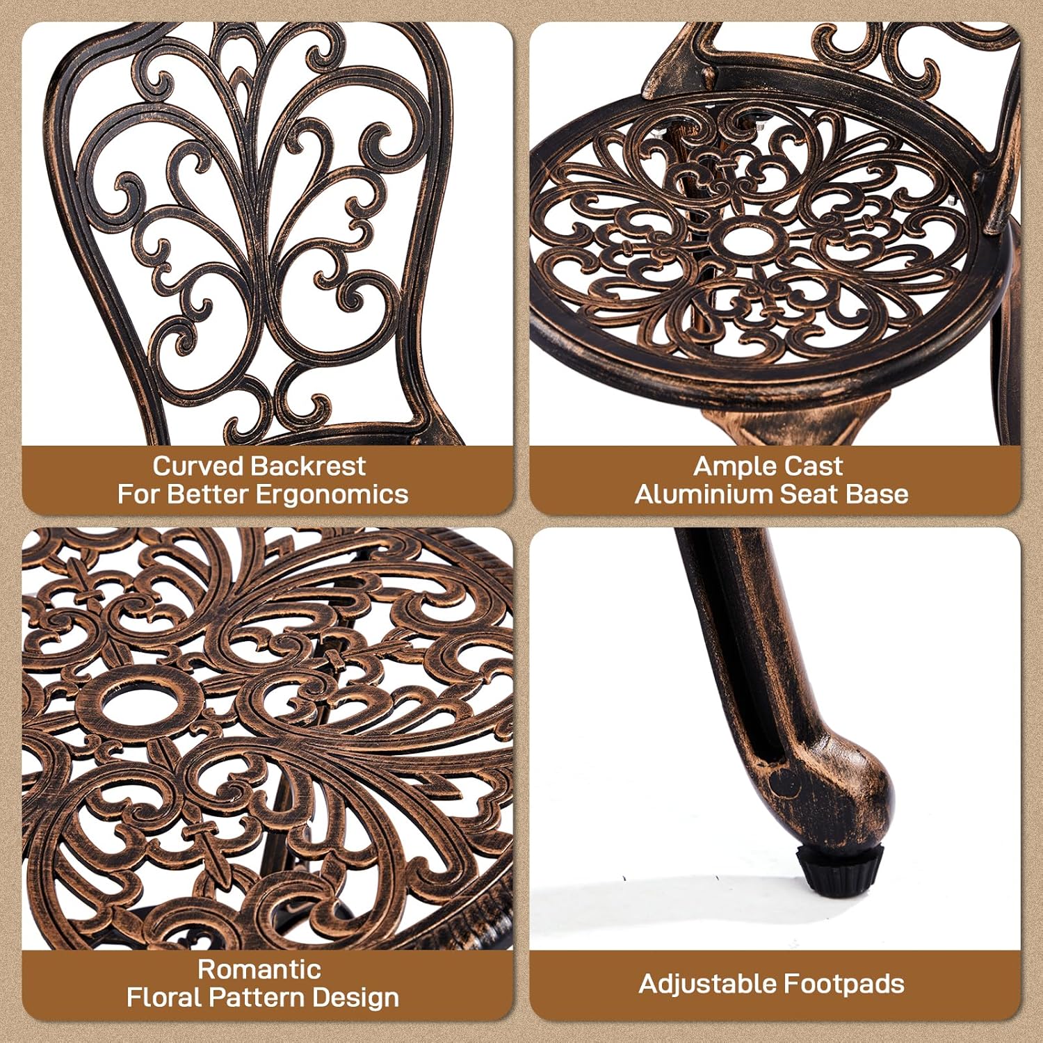 Outvita Patio Table and Chairs Set, Cast Aluminum Outdoor Cafe Table and Chairs Set of 3, Stability Patio Bistro Sets with Umbrella Hole for Garden, Patio, Balcony, Butterfly Pattern Bronze