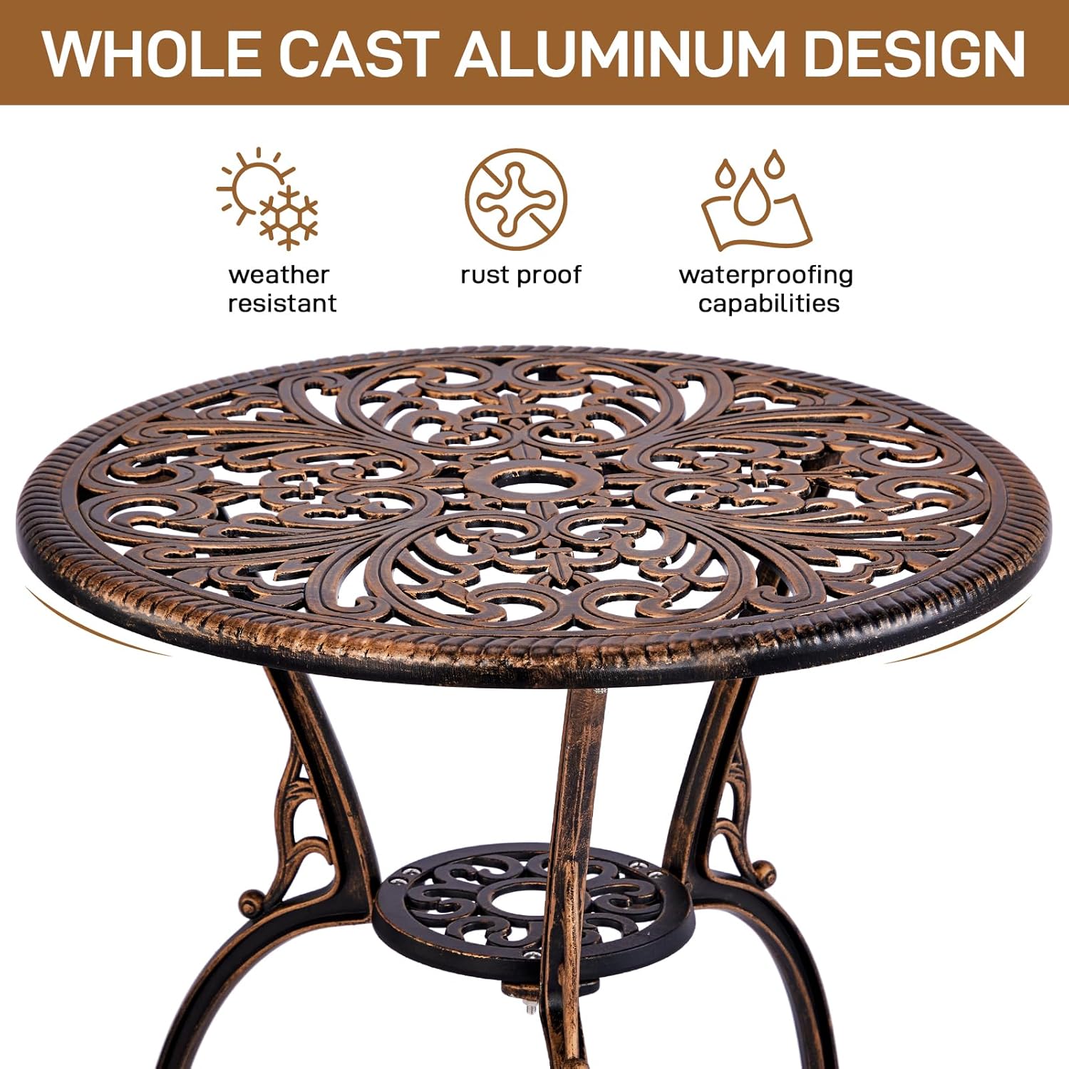 Outvita Patio Table and Chairs Set, Cast Aluminum Outdoor Cafe Table and Chairs Set of 3, Stability Patio Bistro Sets with Umbrella Hole for Garden, Patio, Balcony, Butterfly Pattern Bronze