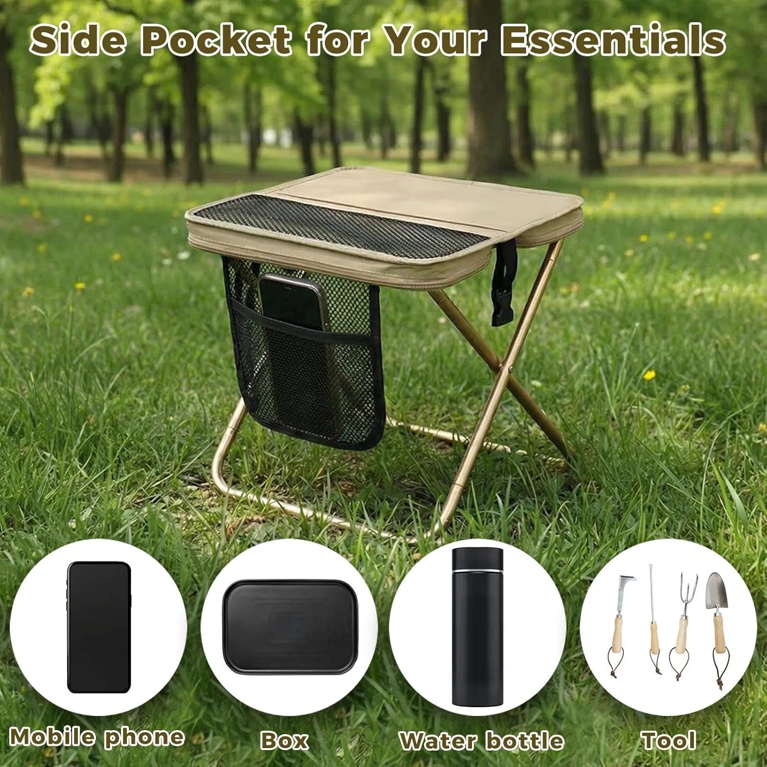 Portable Collapsible Stool - Folding Chair with Storage Pouch, Convertible Satchel for Hands-Free Carry & Supports 265Lbs, Ultralight for Hiking, Fishing, Camping, Festivals (Khaki)