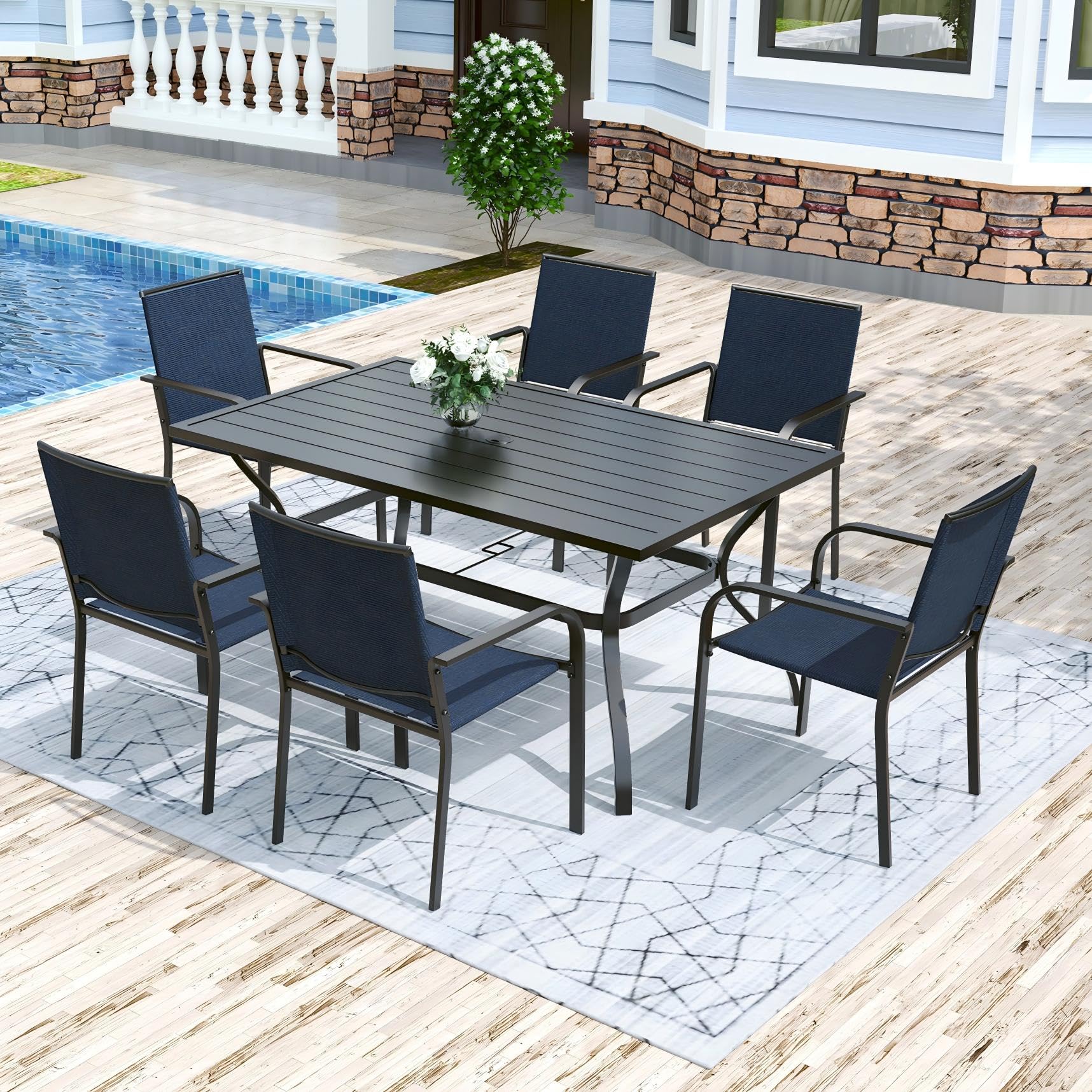 Anmutig 3-Piece Outdoor Dining Set, Small Metal Bistro Table with 2 Stackable Patio Chairs, 27.5 x 27.5 Inch Round Table, Brown Fabric