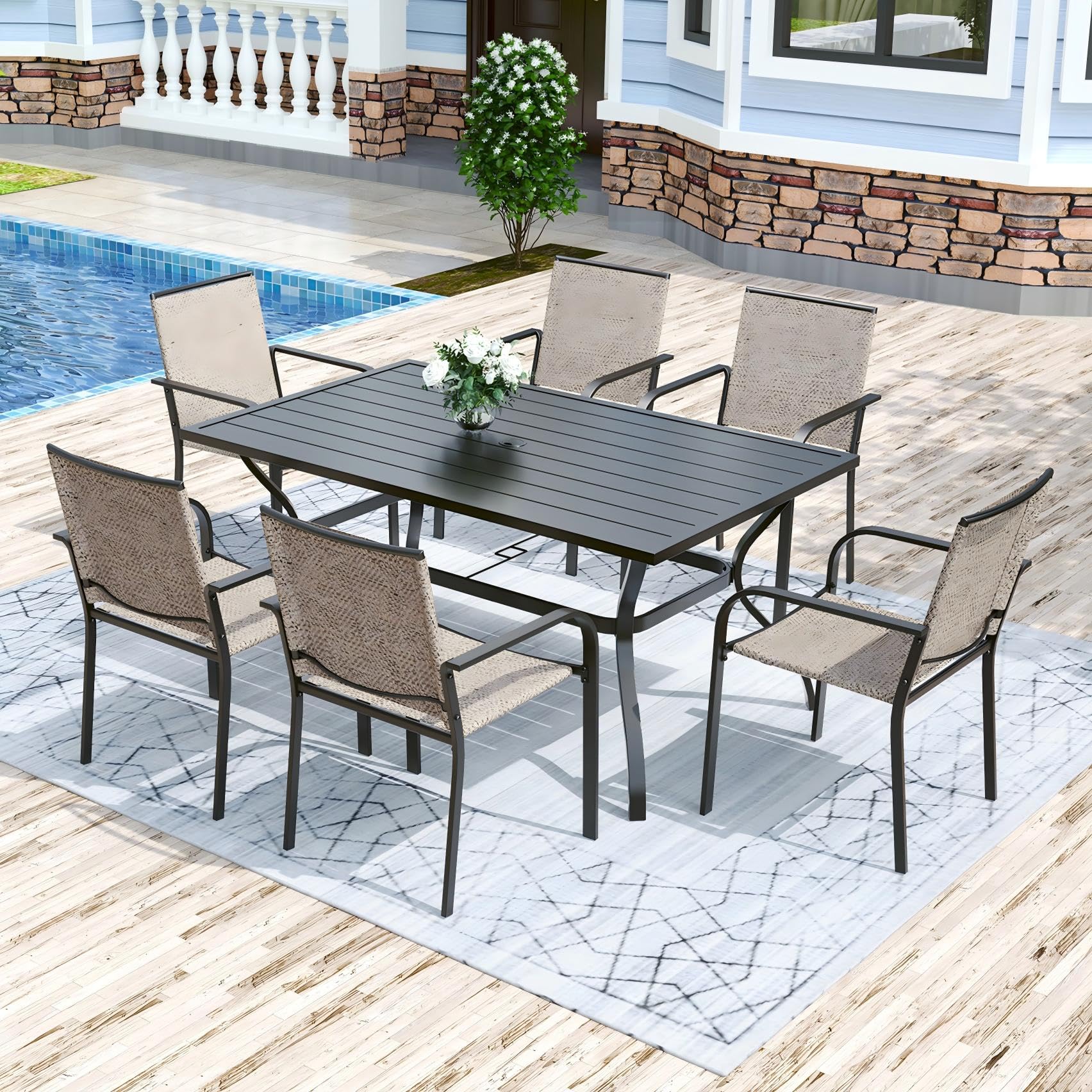 Anmutig 3-Piece Outdoor Dining Set, Small Metal Bistro Table with 2 Stackable Patio Chairs, 27.5 x 27.5 Inch Round Table, Brown Fabric