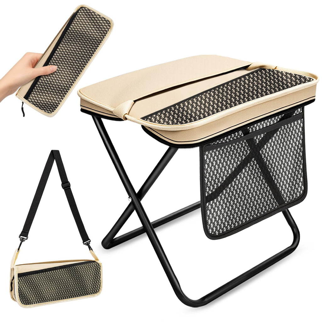 2 Pack Portable Folding Stools, Collapsible Pocket Chair, Foldable Camping Stool for Adults Backpack, Outdoor Seats Foot Rest, for Travel Hunting Fishing Hiking Gardening - Large, Khaki