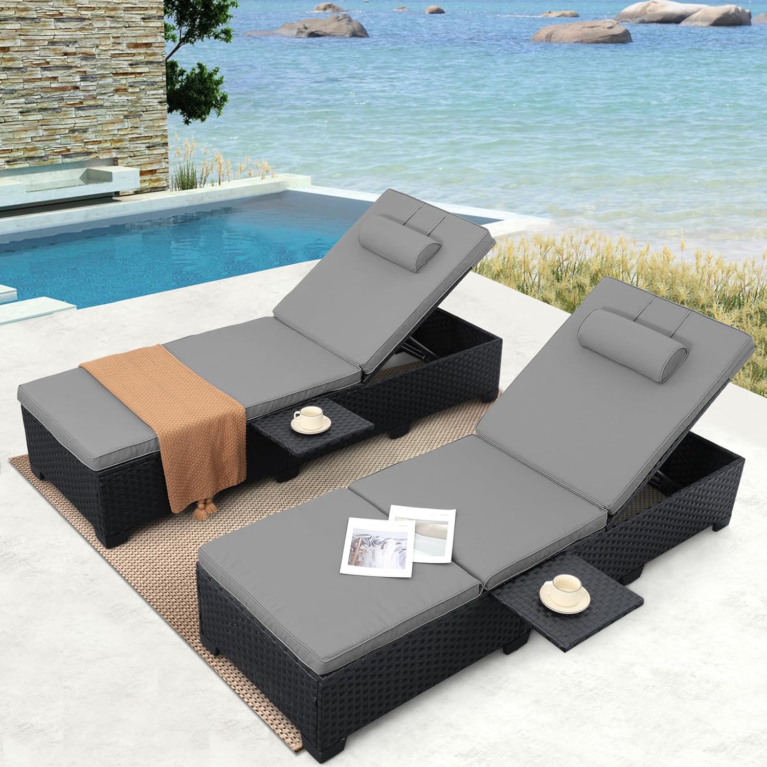 WAROOM Outdoor Chaise Lounge Chairs for Outside Patio Furniture Set of 2 Wicker Recliner Black Rattan Sunbathing Lounger Adjustable Backrest Pool Reclining Chair, Grey Cushion