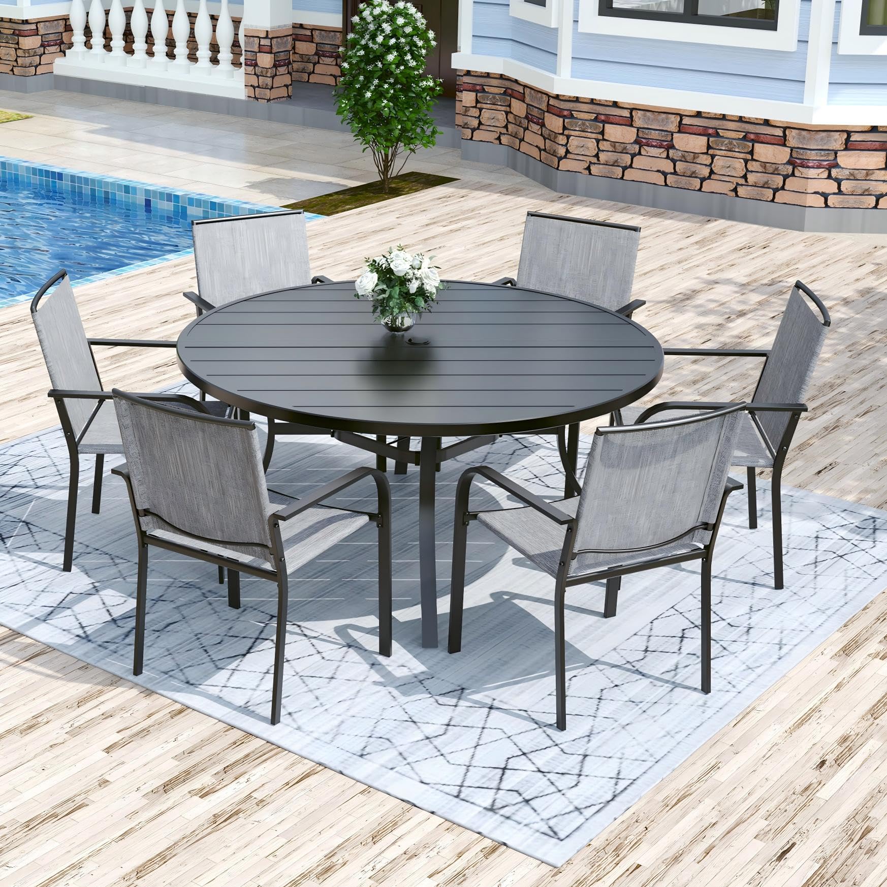 Anmutig 3-Piece Outdoor Dining Set, Small Metal Bistro Table with 2 Stackable Patio Chairs, 27.5 x 27.5 Inch Round Table, Brown Fabric