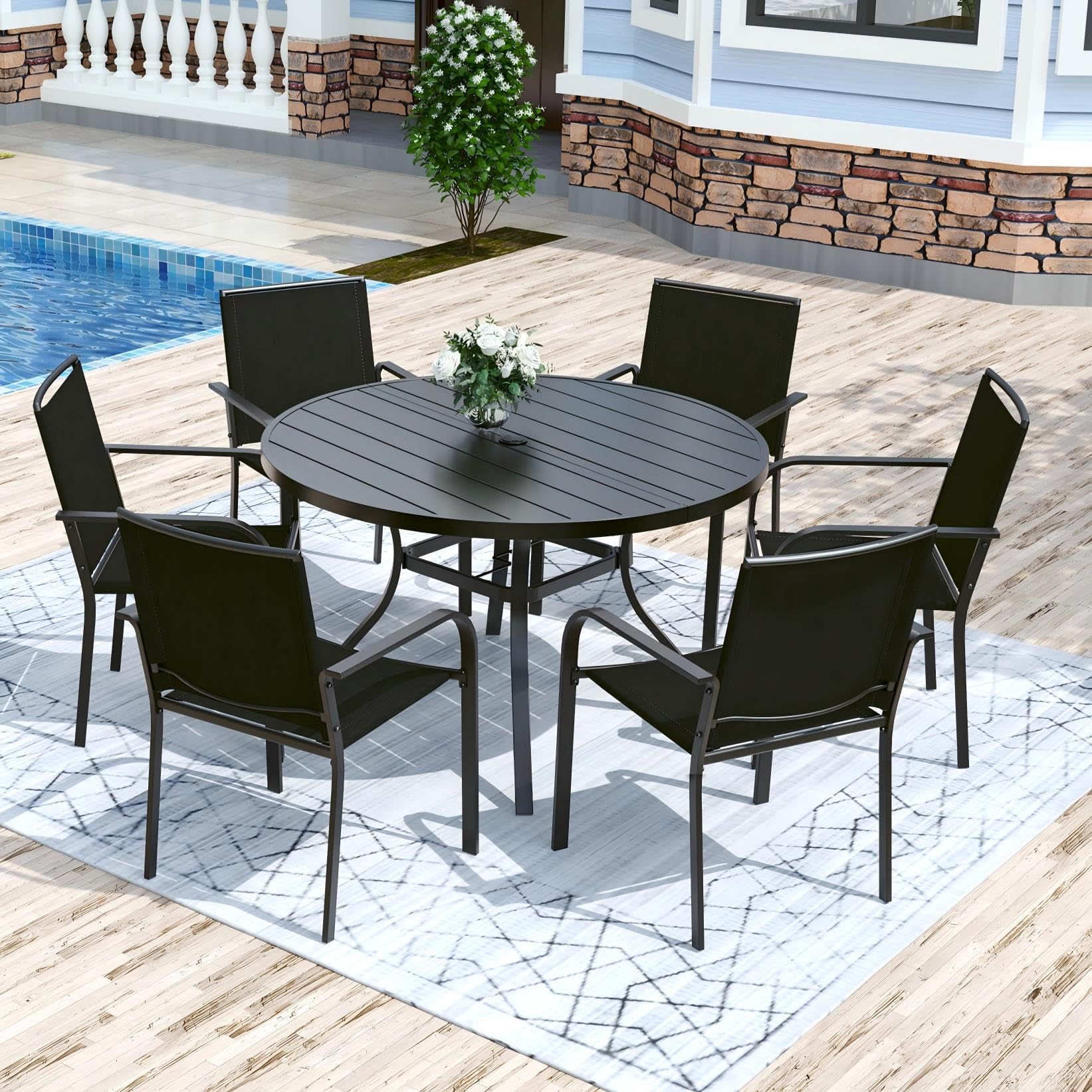 Anmutig 3-Piece Outdoor Dining Set, Small Metal Bistro Table with 2 Stackable Patio Chairs, 27.5 x 27.5 Inch Round Table, Brown Fabric