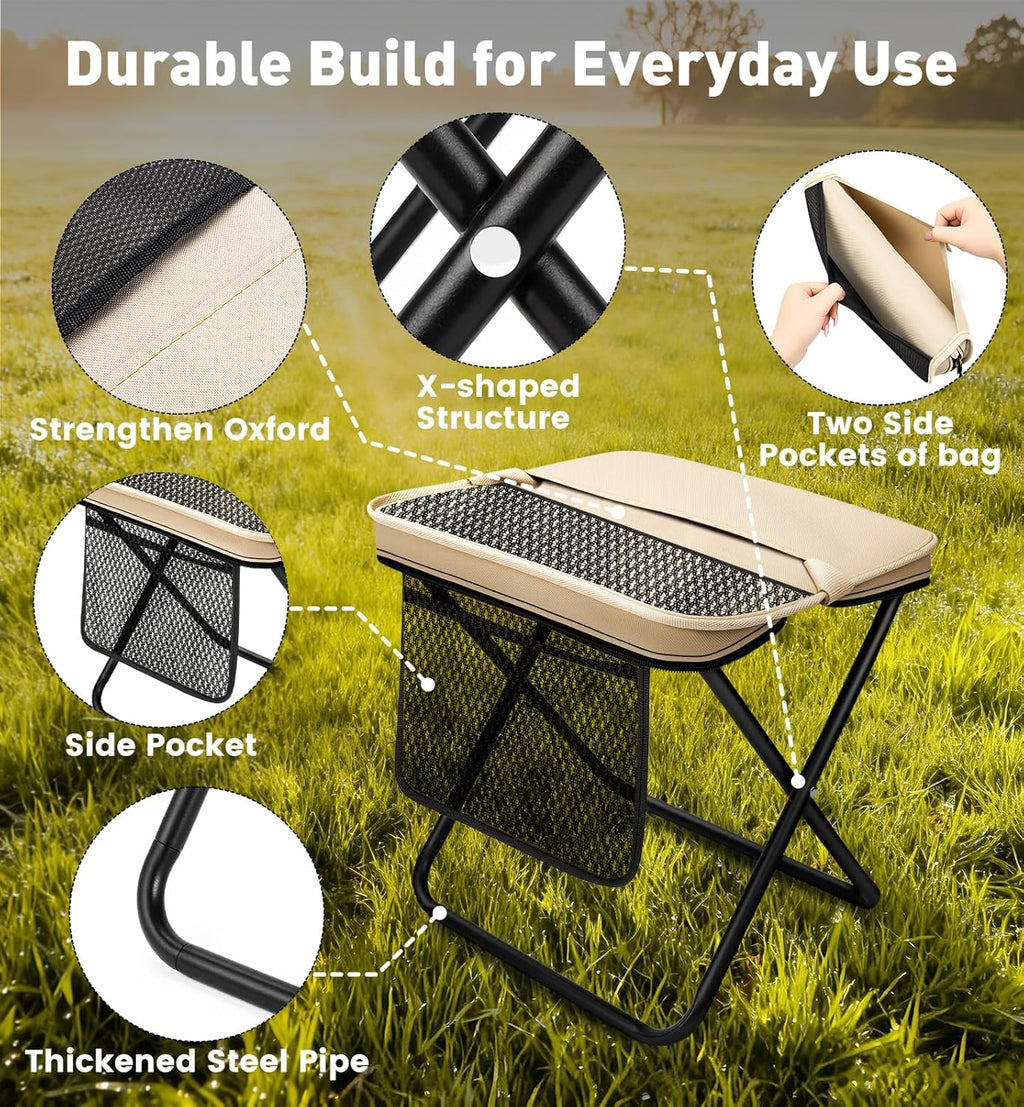 2 Pack Portable Folding Stools, Collapsible Pocket Chair, Foldable Camping Stool for Adults Backpack, Outdoor Seats Foot Rest, for Travel Hunting Fishing Hiking Gardening - Large, Khaki