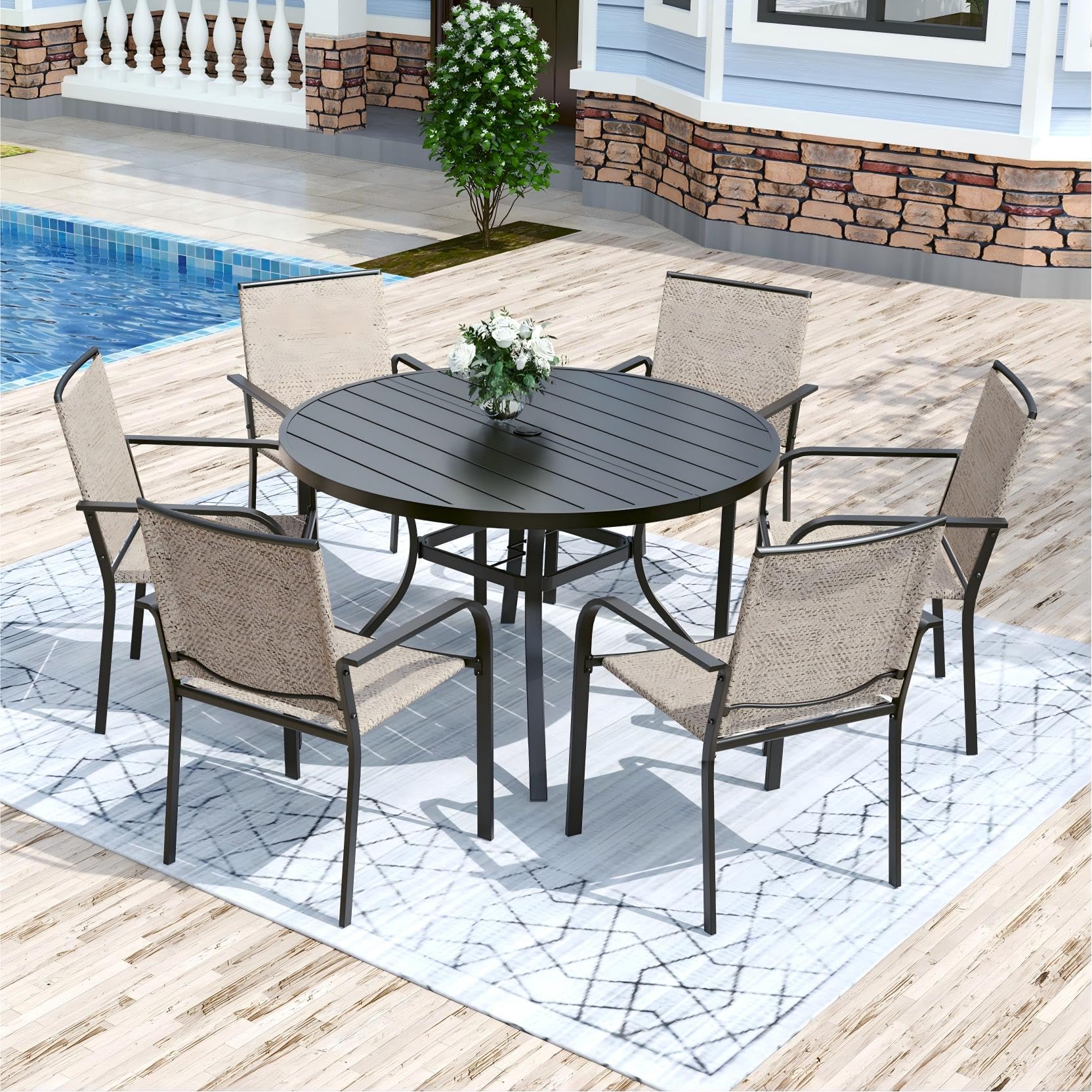 Anmutig 3-Piece Outdoor Dining Set, Small Metal Bistro Table with 2 Stackable Patio Chairs, 27.5 x 27.5 Inch Round Table, Brown Fabric