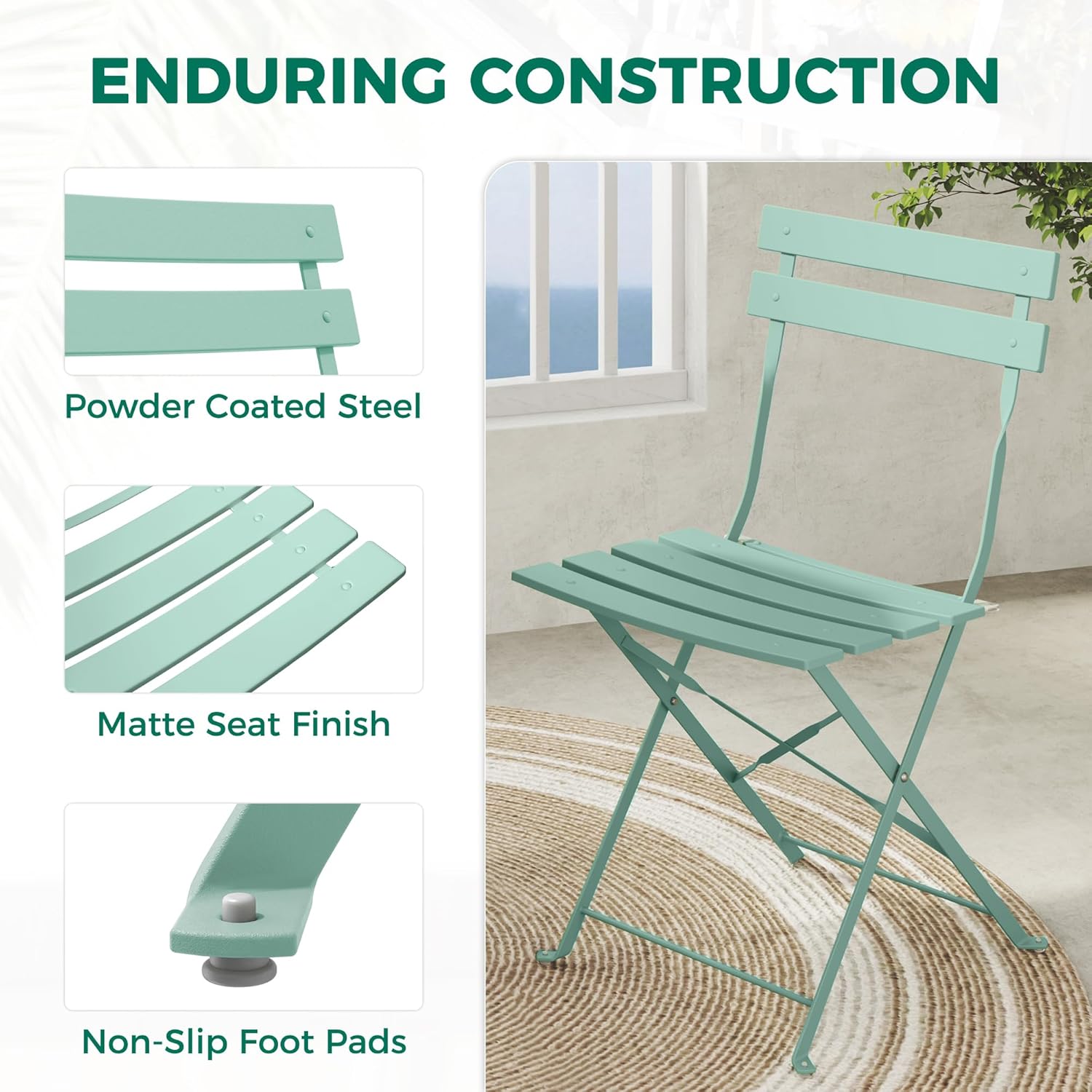 Grand patio 3-piece Steel Foldable Bistro Set, 2 Chairs and 1 Table, Weather-Resistant Outdoor/Indoor Conversation Set for Patio, Yard, Garden-Macaron Blue