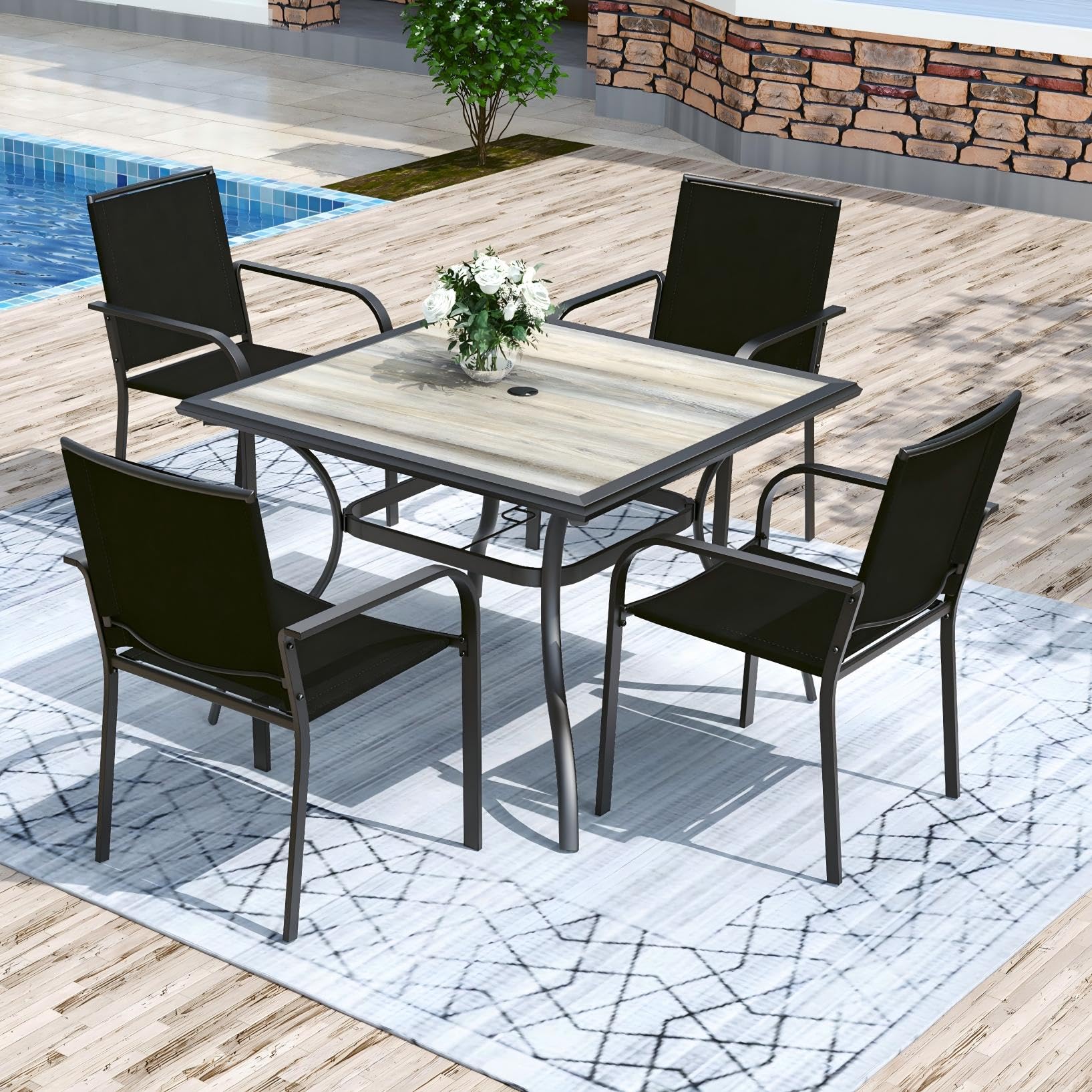 Anmutig 3-Piece Outdoor Dining Set, Small Metal Bistro Table with 2 Stackable Patio Chairs, 27.5 x 27.5 Inch Round Table, Brown Fabric