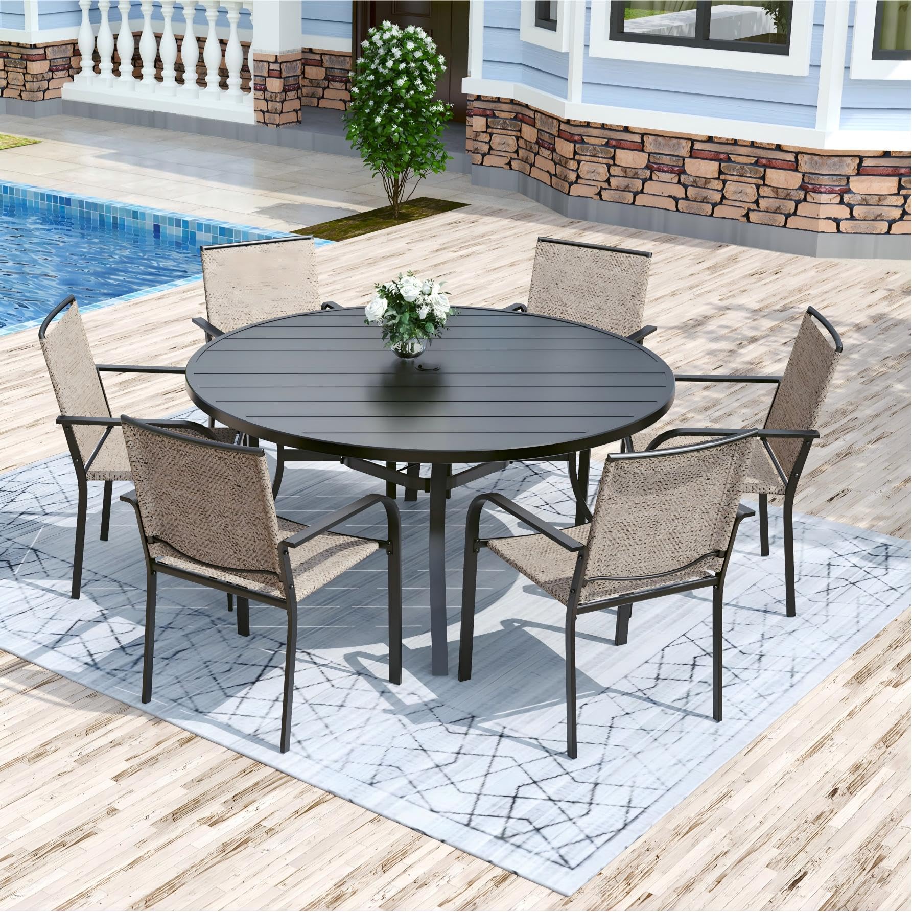 Anmutig 3-Piece Outdoor Dining Set, Small Metal Bistro Table with 2 Stackable Patio Chairs, 27.5 x 27.5 Inch Round Table, Brown Fabric