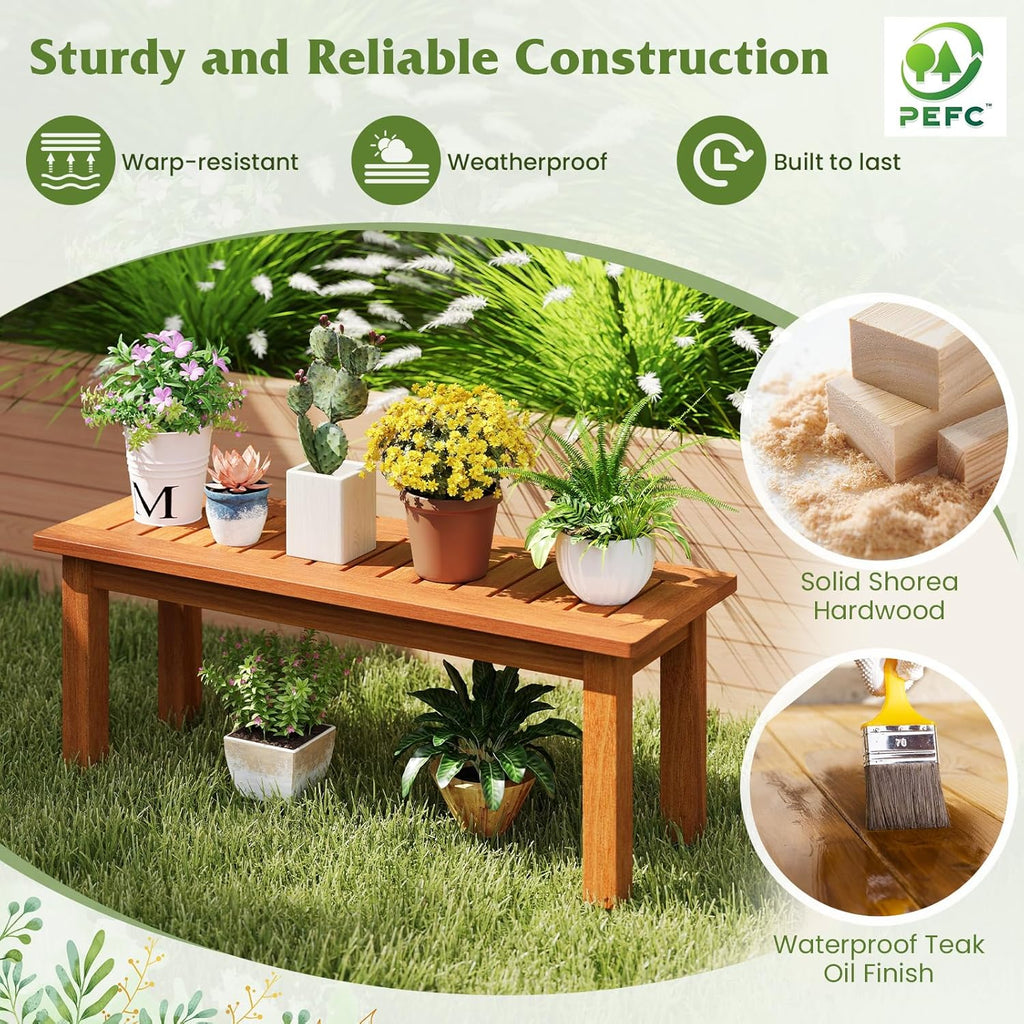 Tangkula Wooden Plant Stand Set of 2, Outdoor Indoor Solid Wood Flower Pot Holder Display Shelf w/ Teak Oil Finish, Slatted Top, Rustic Plant Rack for Patio Garden Entryway Front Porch (Set of 2)