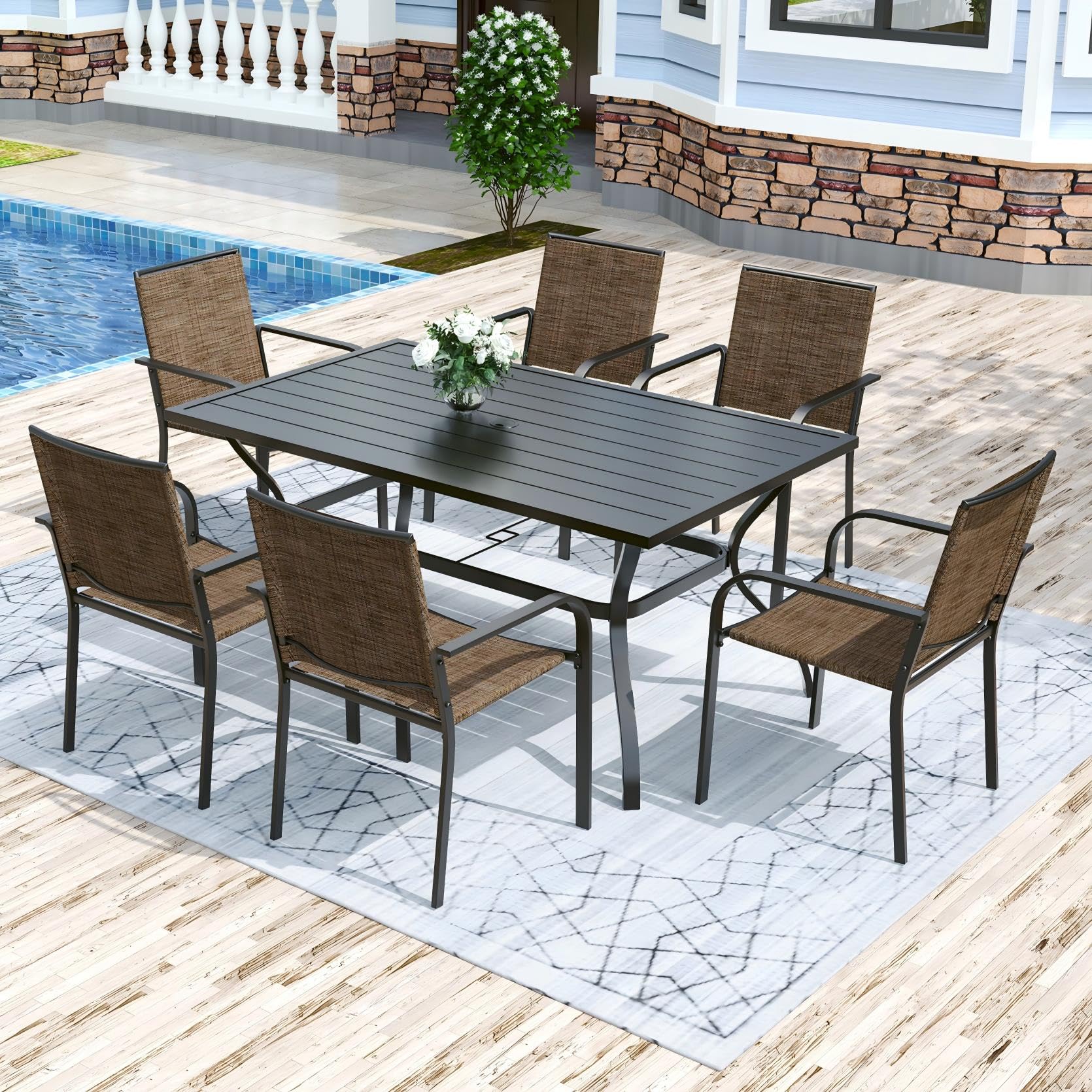 Anmutig 3-Piece Outdoor Dining Set, Small Metal Bistro Table with 2 Stackable Patio Chairs, 27.5 x 27.5 Inch Round Table, Brown Fabric