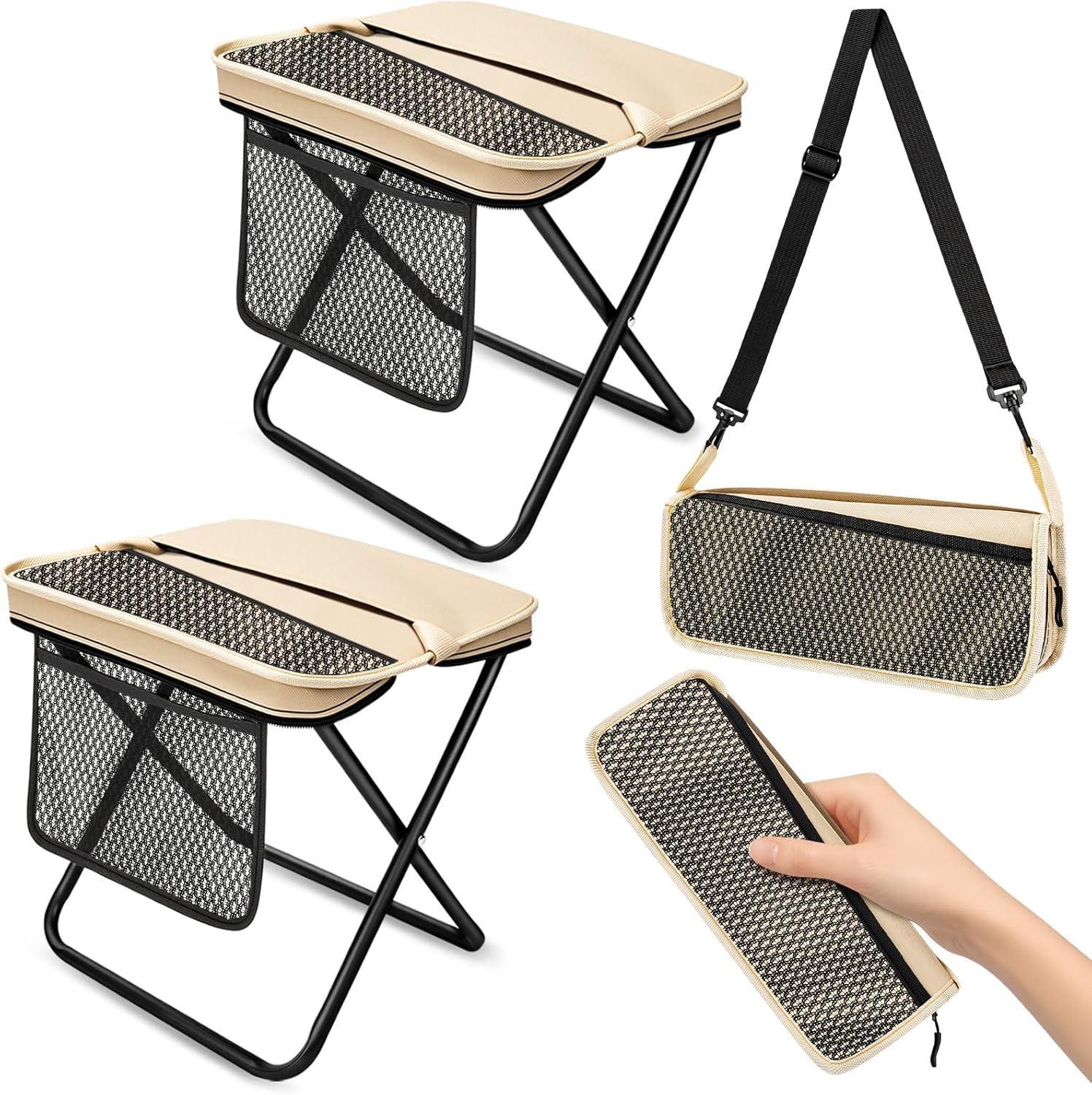 2 Pack Portable Folding Stools, Collapsible Pocket Chair, Foldable Camping Stool for Adults Backpack, Outdoor Seats Foot Rest, for Travel Hunting Fishing Hiking Gardening - Large, Khaki