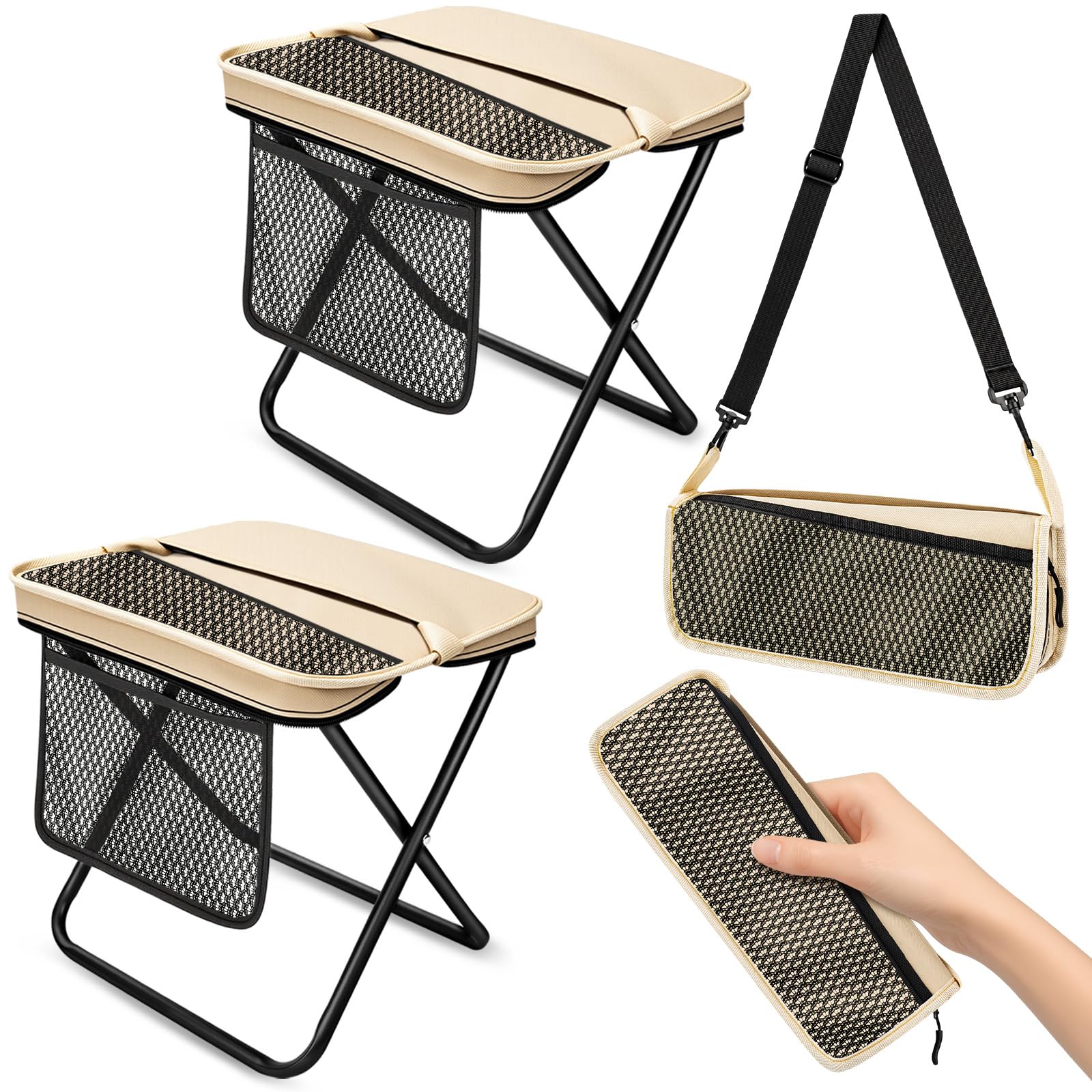 2 Pack Portable Folding Stools, Collapsible Pocket Chair, Foldable Camping Stool for Adults Backpack, Outdoor Seats Foot Rest, for Travel Hunting Fishing Hiking Gardening - Large, Khaki