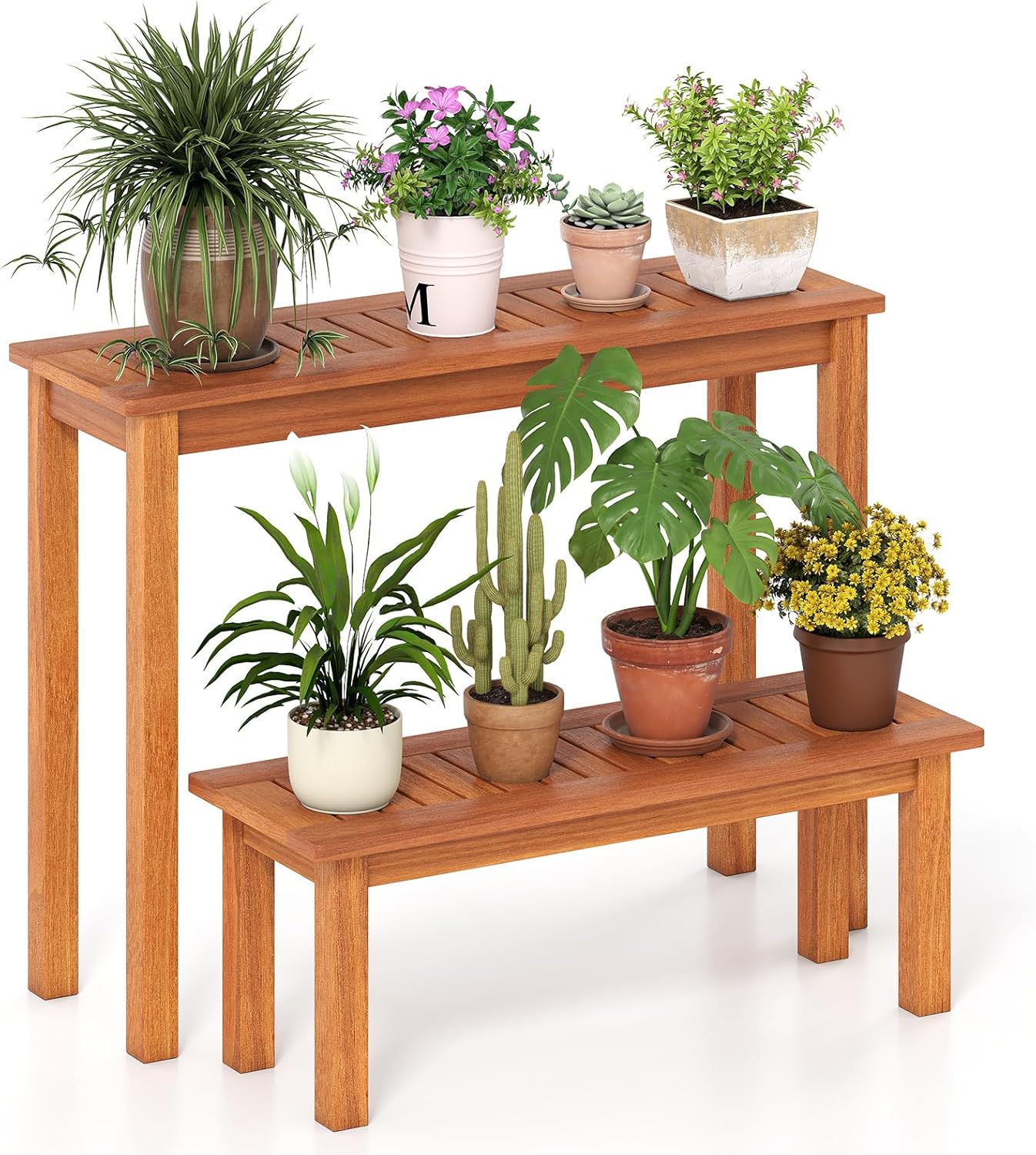 Tangkula Wooden Plant Stand Set of 2, Outdoor Indoor Solid Wood Flower Pot Holder Display Shelf w/ Teak Oil Finish, Slatted Top, Rustic Plant Rack for Patio Garden Entryway Front Porch (Set of 2)