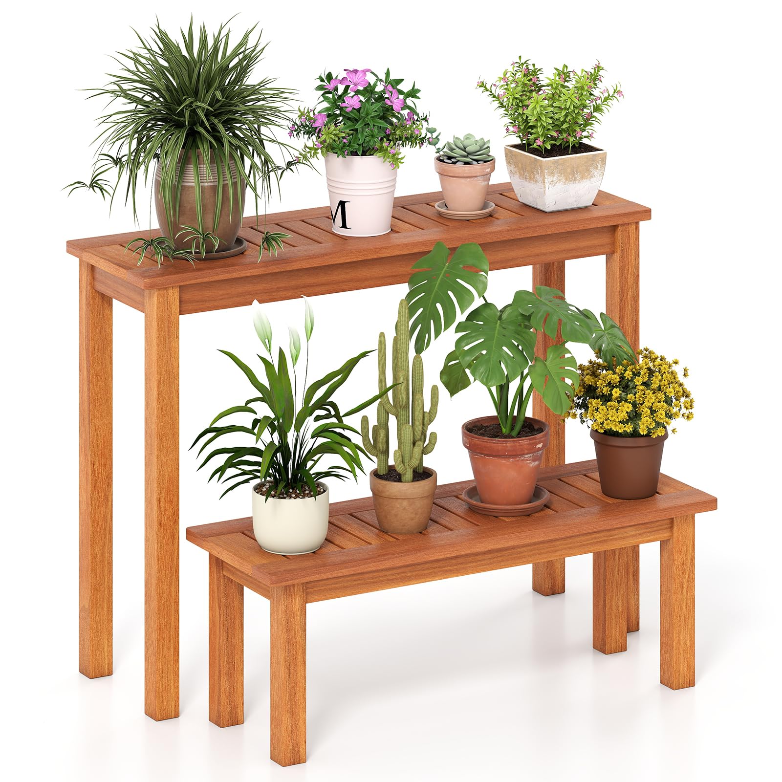 Tangkula Wooden Plant Stand Set of 2, Outdoor Indoor Solid Wood Flower Pot Holder Display Shelf w/ Teak Oil Finish, Slatted Top, Rustic Plant Rack for Patio Garden Entryway Front Porch (Set of 2)