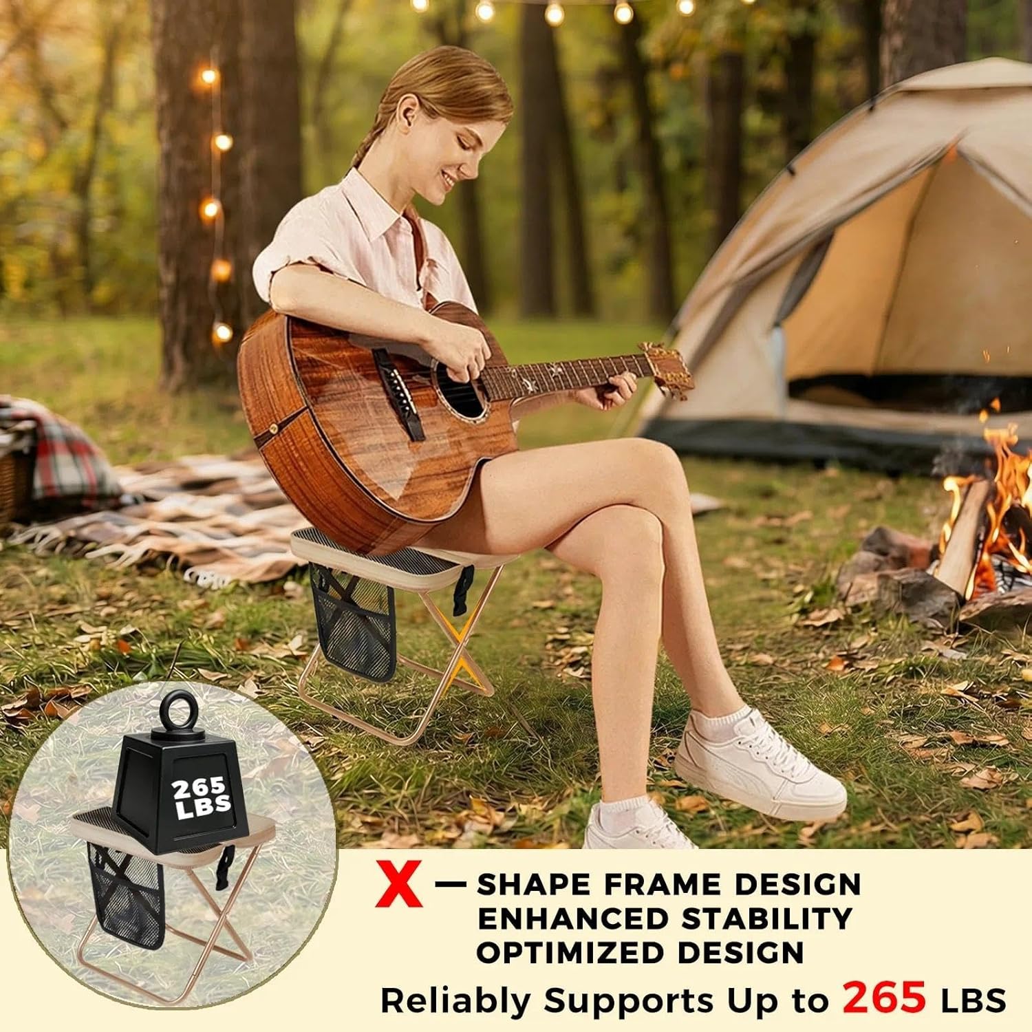 Portable Collapsible Stool - Folding Chair with Storage Pouch, Convertible Satchel for Hands-Free Carry & Supports 265Lbs, Ultralight for Hiking, Fishing, Camping, Festivals (Khaki)