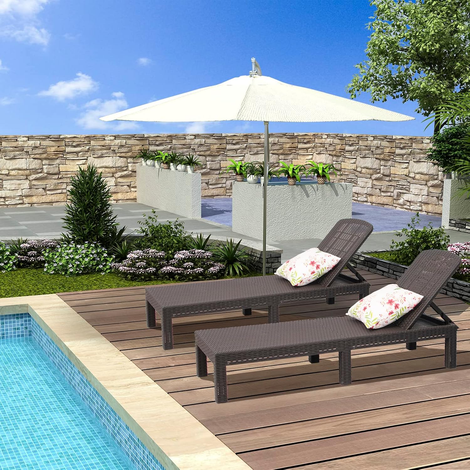 Outdoor Chaise Lounge Chair for Pool, Patio Bench Waterproof Sunbed,Mocha