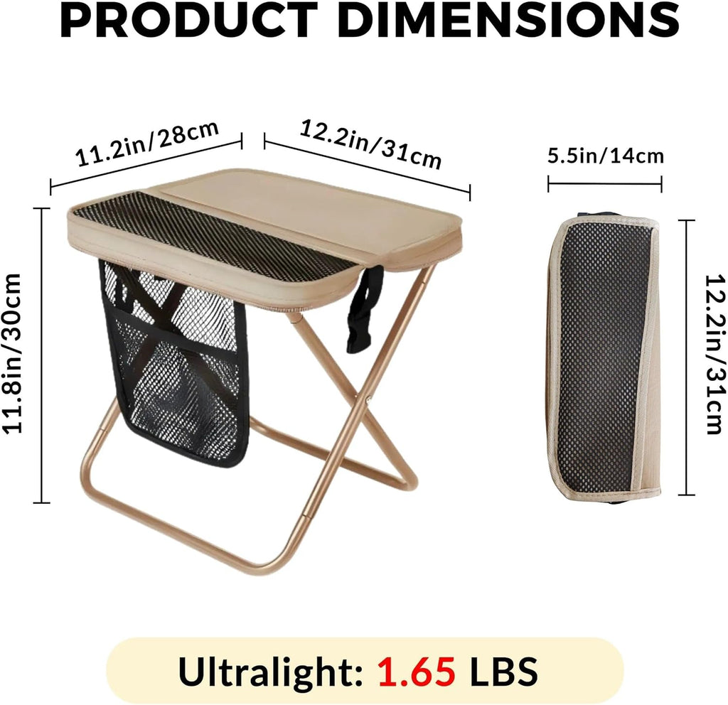 Portable Collapsible Stool - Folding Chair with Storage Pouch, Convertible Satchel for Hands-Free Carry & Supports 265Lbs, Ultralight for Hiking, Fishing, Camping, Festivals (Khaki)