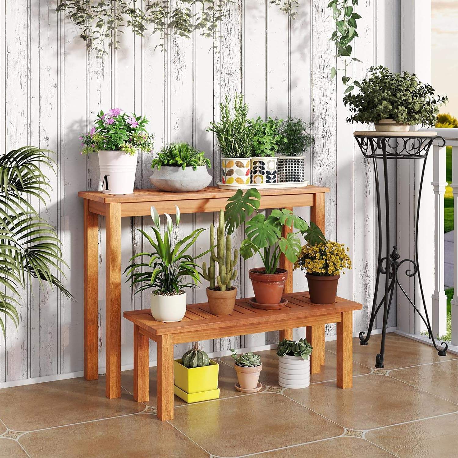 Tangkula Wooden Plant Stand Set of 2, Outdoor Indoor Solid Wood Flower Pot Holder Display Shelf w/ Teak Oil Finish, Slatted Top, Rustic Plant Rack for Patio Garden Entryway Front Porch (Set of 2)