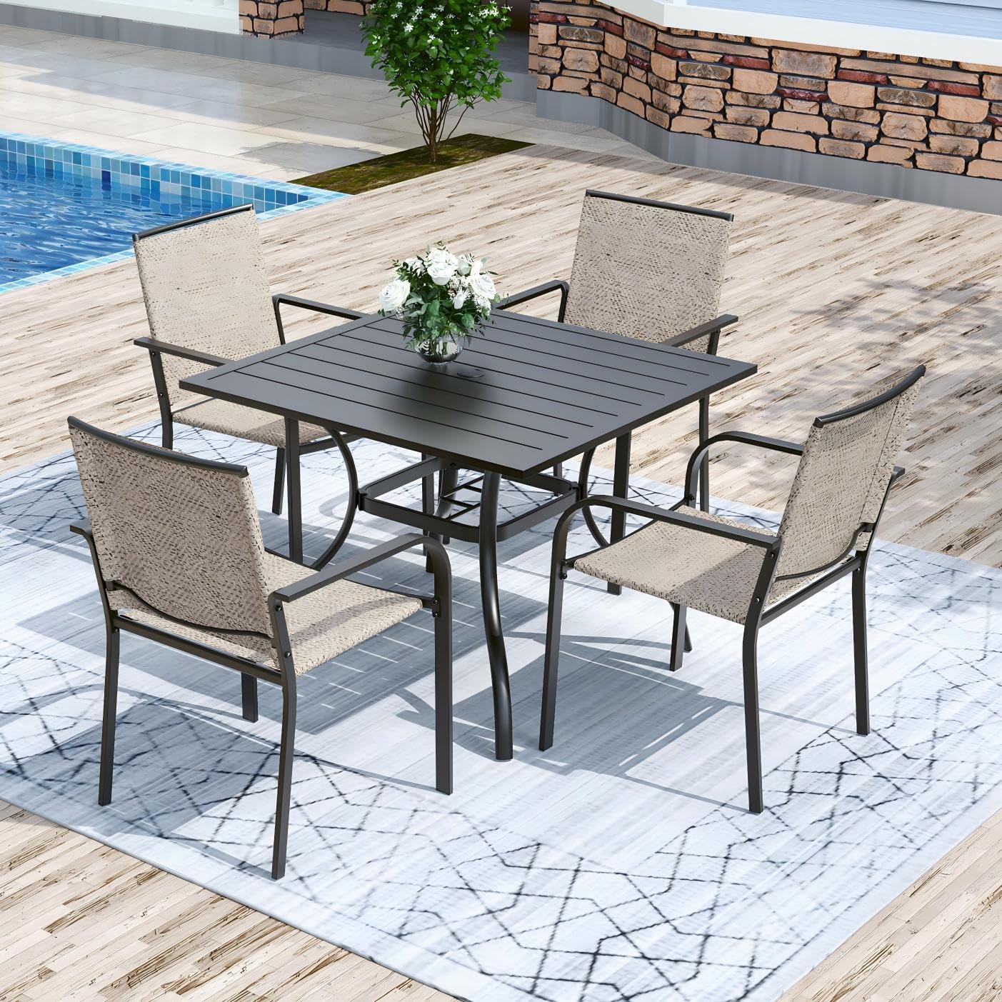 Anmutig 3-Piece Outdoor Dining Set, Small Metal Bistro Table with 2 Stackable Patio Chairs, 27.5 x 27.5 Inch Round Table, Brown Fabric