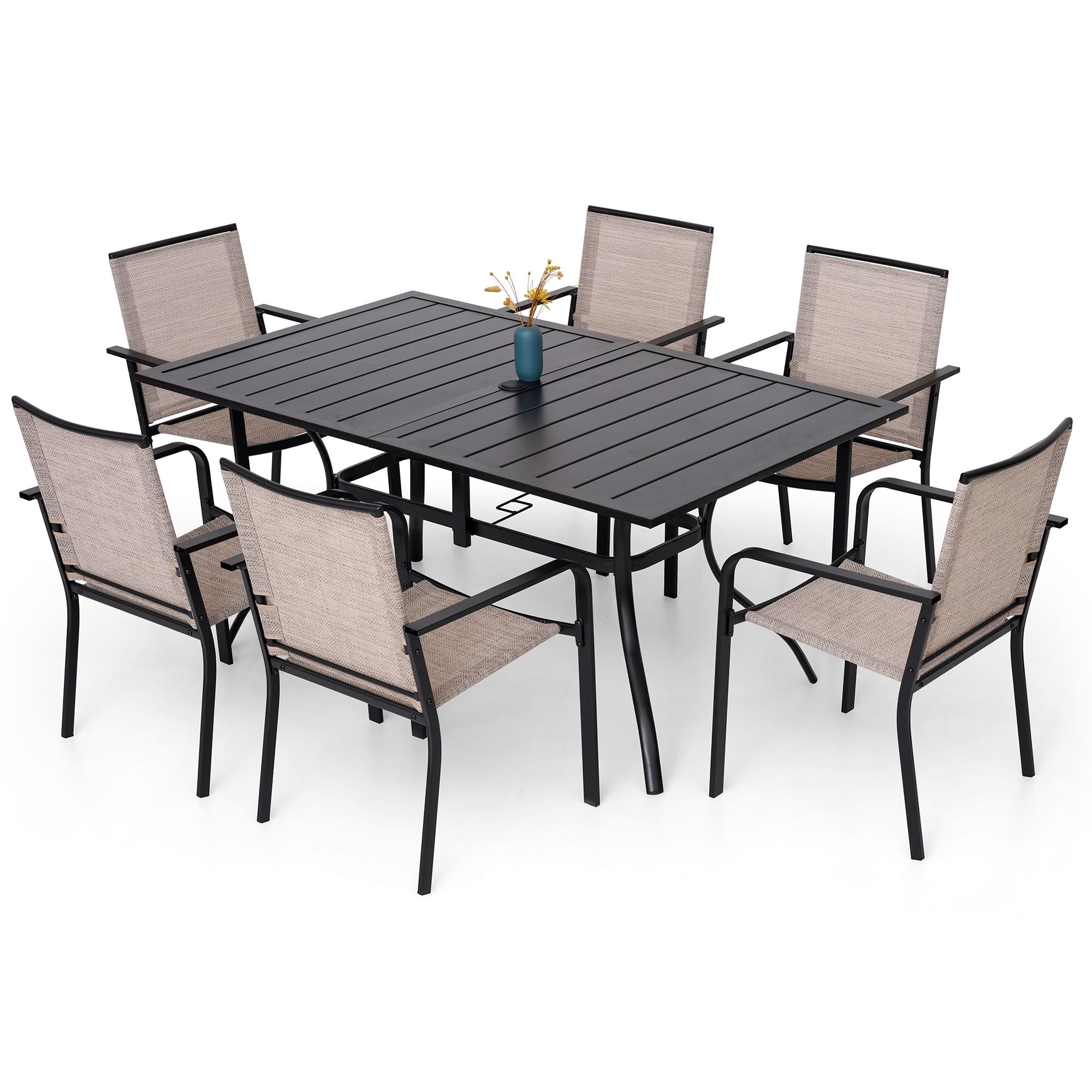 Anmutig 3-Piece Outdoor Dining Set, Small Metal Bistro Table with 2 Stackable Patio Chairs, 27.5 x 27.5 Inch Round Table, Brown Fabric