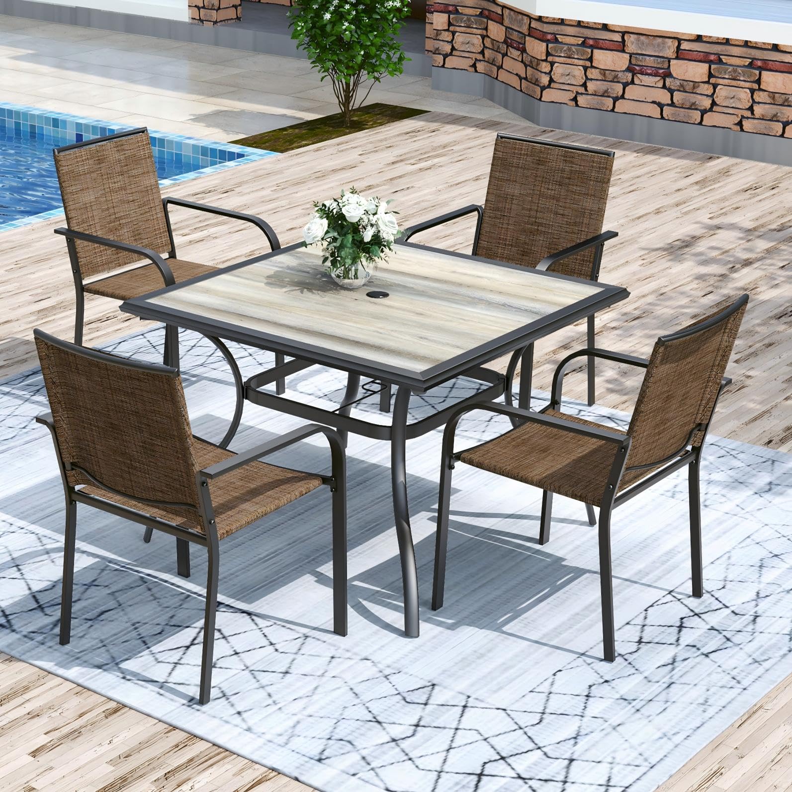 Anmutig 3-Piece Outdoor Dining Set, Small Metal Bistro Table with 2 Stackable Patio Chairs, 27.5 x 27.5 Inch Round Table, Brown Fabric