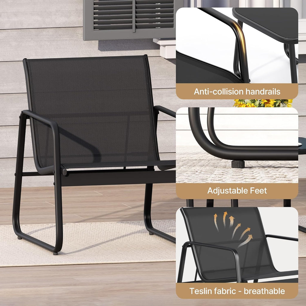 Gizoon Patio Chairs Set of 2, Patio Bistro Set 3PCS, Outdoor Patio Furniture Set with Rust-Resistant Metal Frame, 330LBS Capacity，for Balcony/Lawn/Patio/Pool, RCS Certified Recycled Material, Black