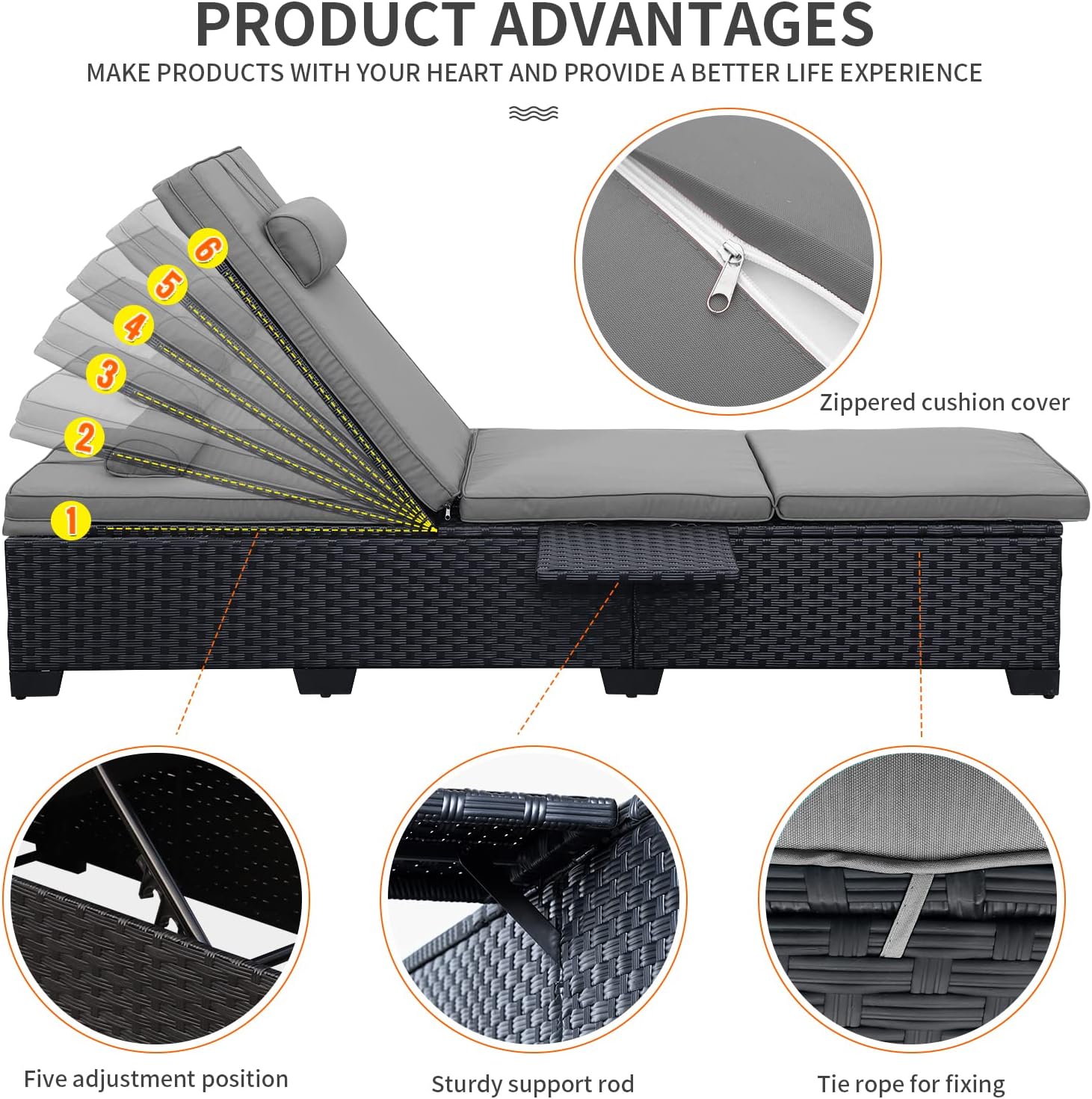 WAROOM Outdoor Chaise Lounge Chairs for Outside Patio Furniture Set of 2 Wicker Recliner Black Rattan Sunbathing Lounger Adjustable Backrest Pool Reclining Chair, Grey Cushion