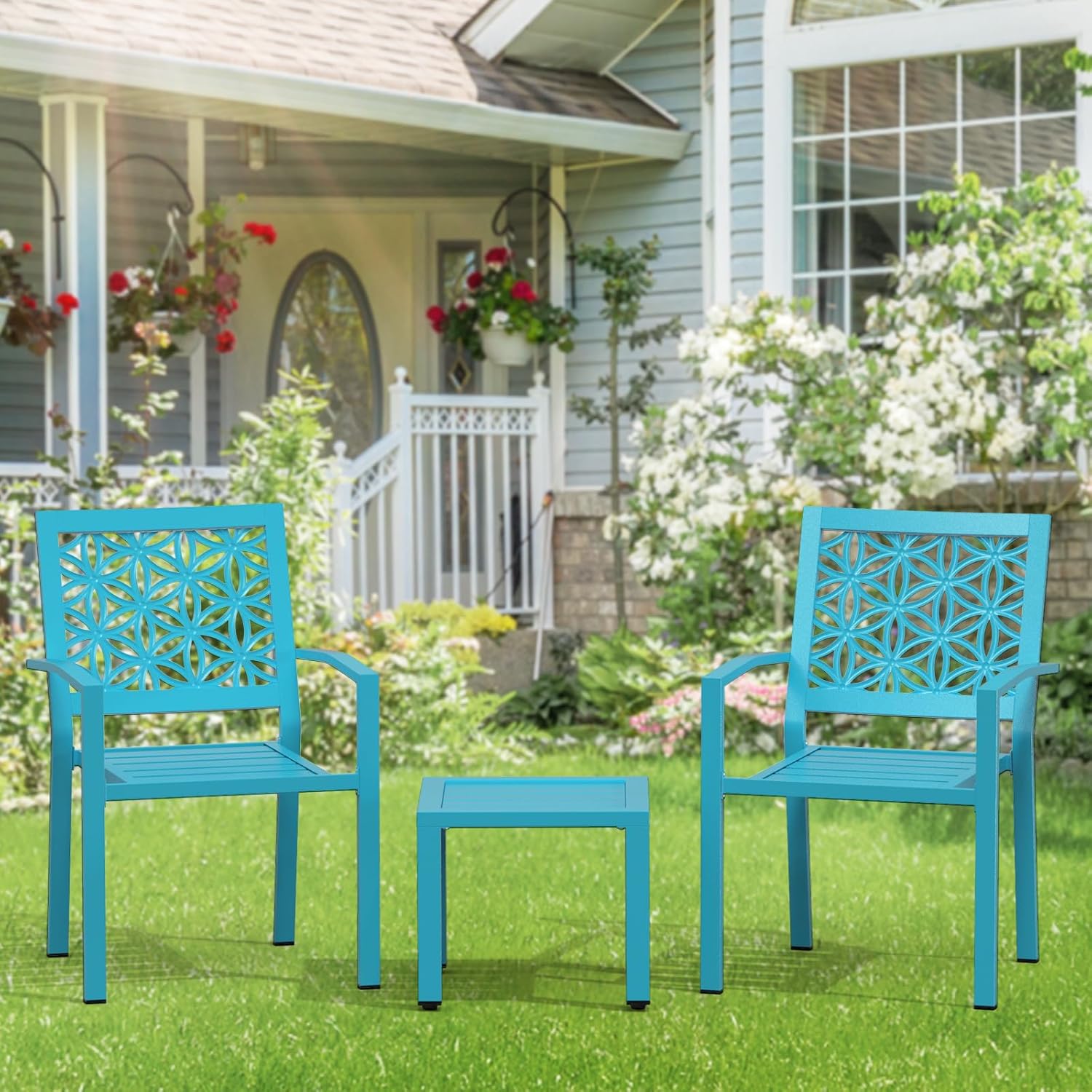 VINGLI 3-Piece Outdoor Bistro Set, Stackable Modern Metal Steel Table and Chairs with Rust-Resistant Coating, Small Patio Furniture Conversation Set for Porch, Deck, Balcony, Garden, Blue