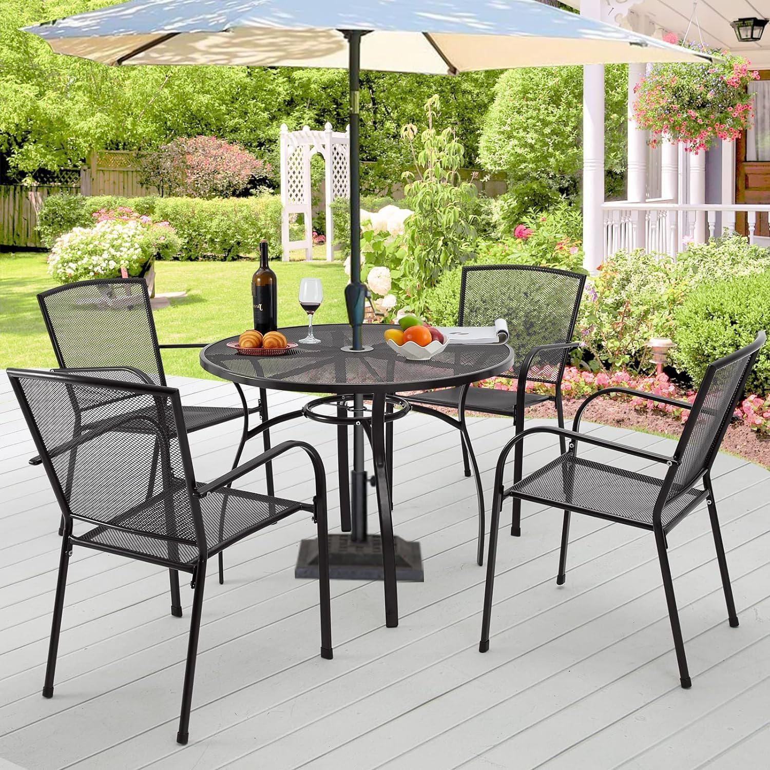 AECOJOY Outdoor Patio Chairs Set of 4, Metal Stackable Lawn Chairs with Armrests & Breathable Metal Mesh, 4 Pack Bistro Chairs for Outdoor Dining Set