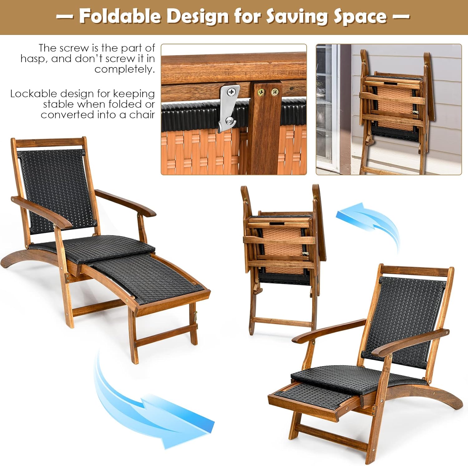 RELAX4LIFE Patio Chaise Lounge Chair - Acacia Wood Folding Rattan Wicker Chair w/Retractable Footrest, Space-Saving Ergonomic Deck Chair for Garden, Poolside, Patio