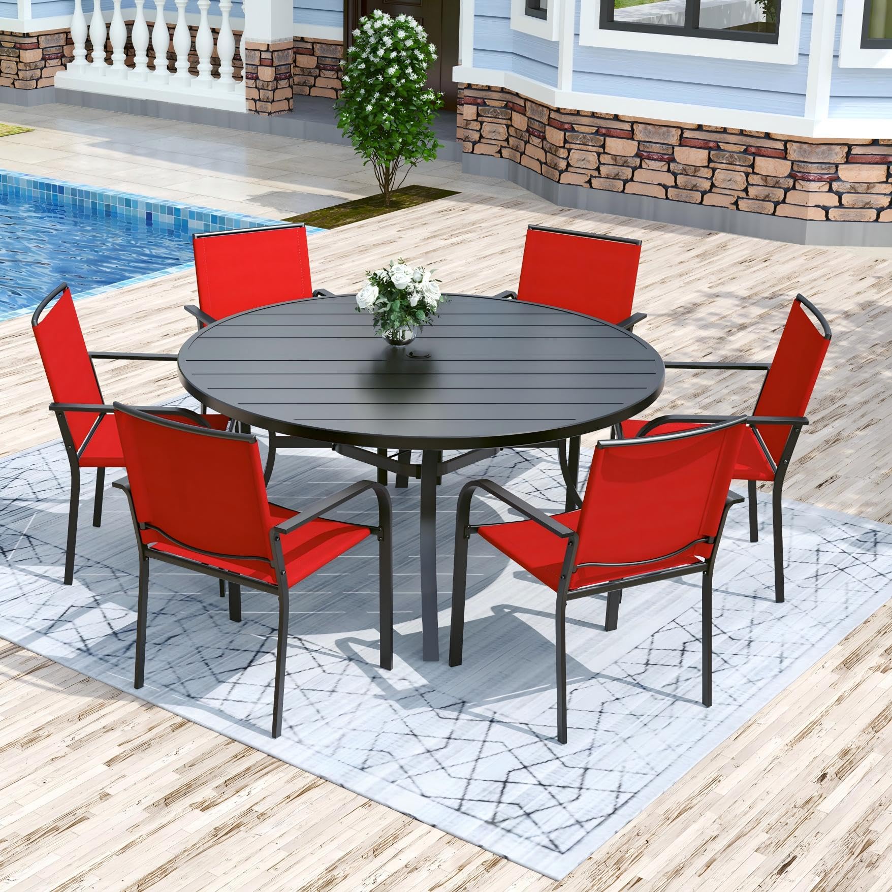 Anmutig 3-Piece Outdoor Dining Set, Small Metal Bistro Table with 2 Stackable Patio Chairs, 27.5 x 27.5 Inch Round Table, Brown Fabric